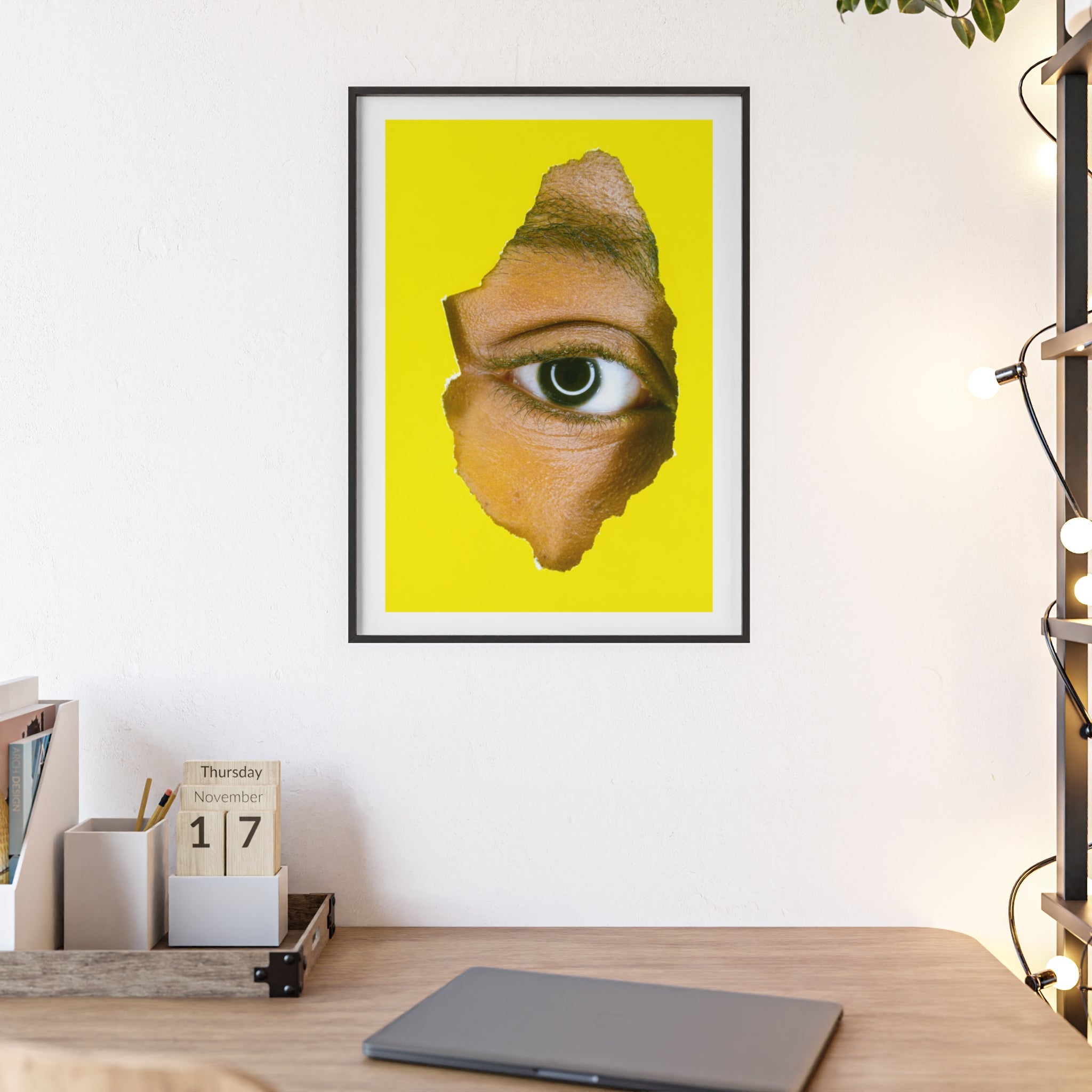 Surreal Eye Print Poster with Wooden Frame — Bold Yellow Wall Art