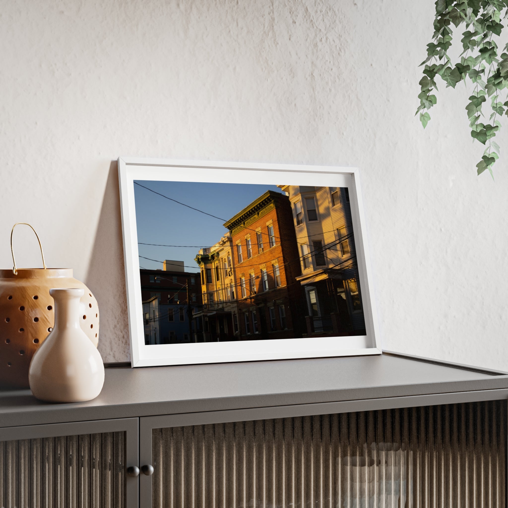 Framed Urban Rowhouse Print — Golden Hour City Street Wall Art Poster