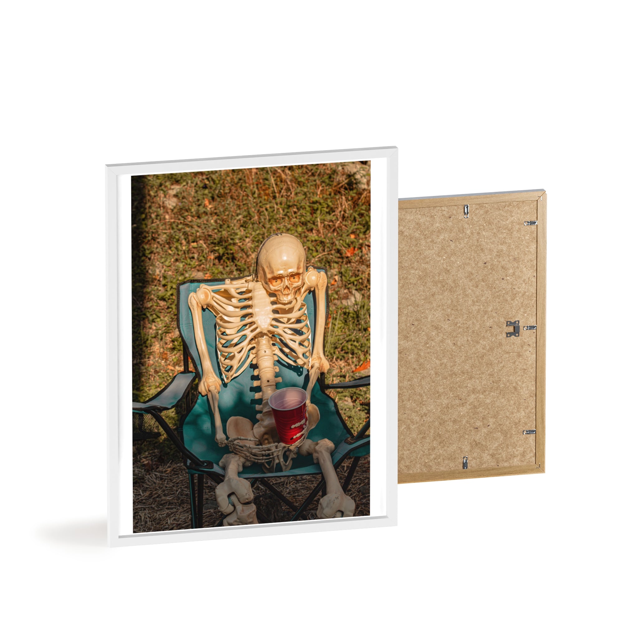 Skeleton Relaxing Poster with Wooden Frame — Funny Halloween Wall Art