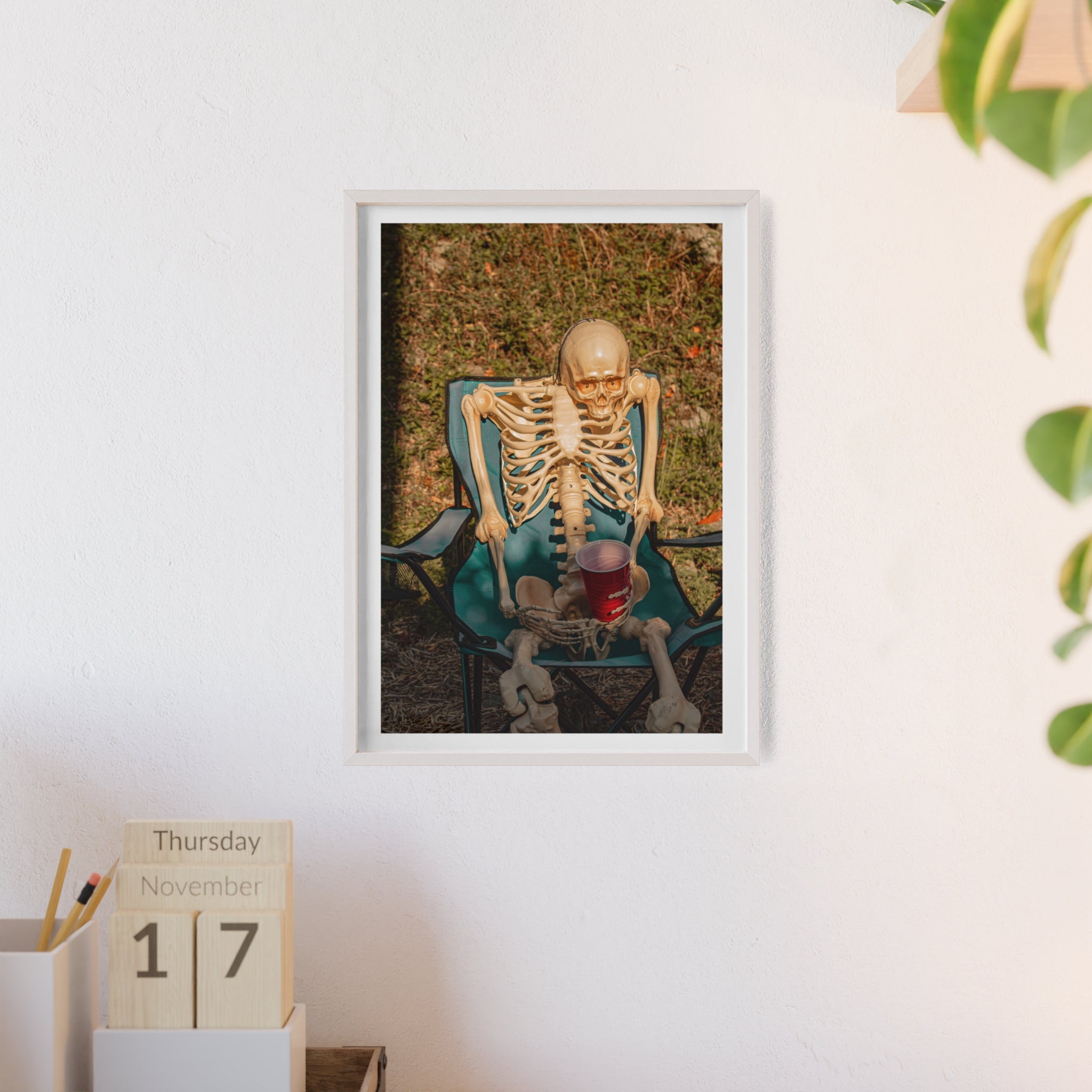 Skeleton Relaxing Poster with Wooden Frame — Funny Halloween Wall Art