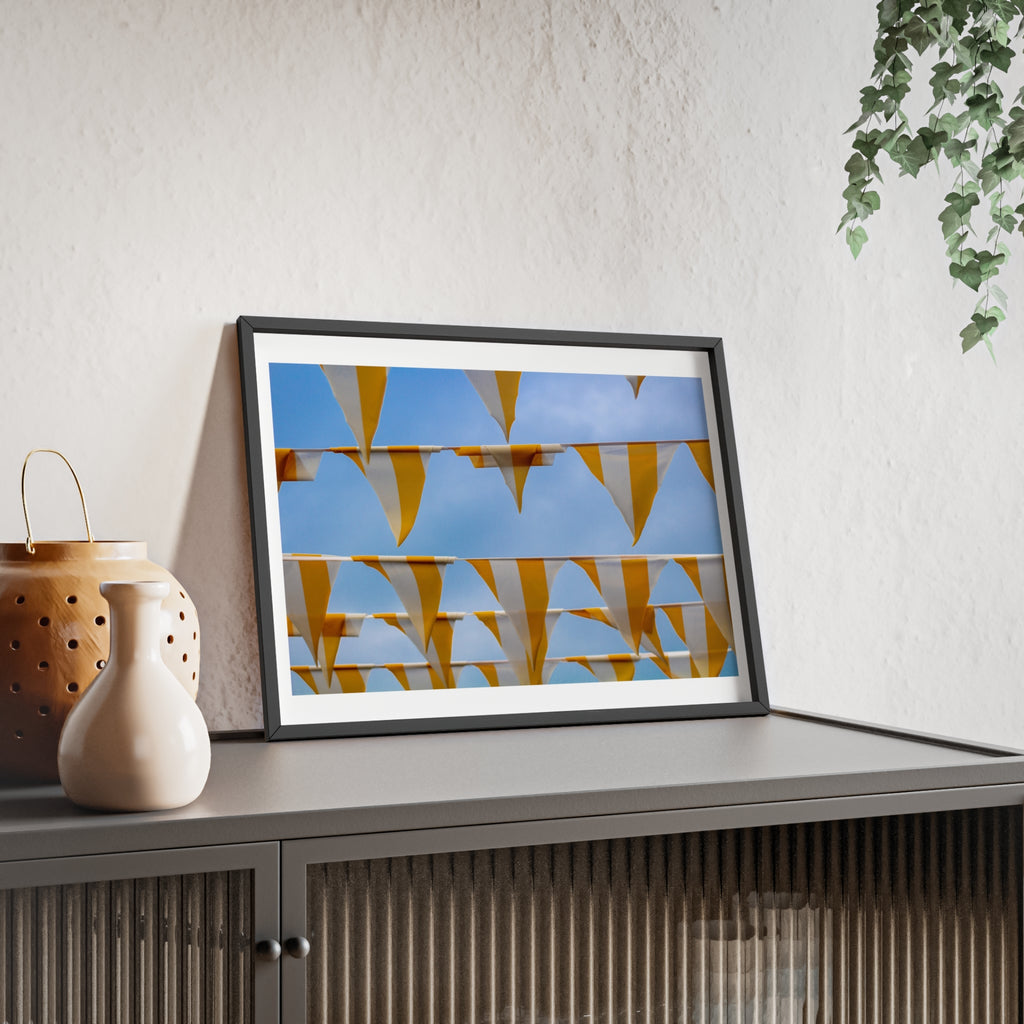 Yellow Bunting Photo Poster with Wooden Frame — Festive Beach Vibes Wall Art
