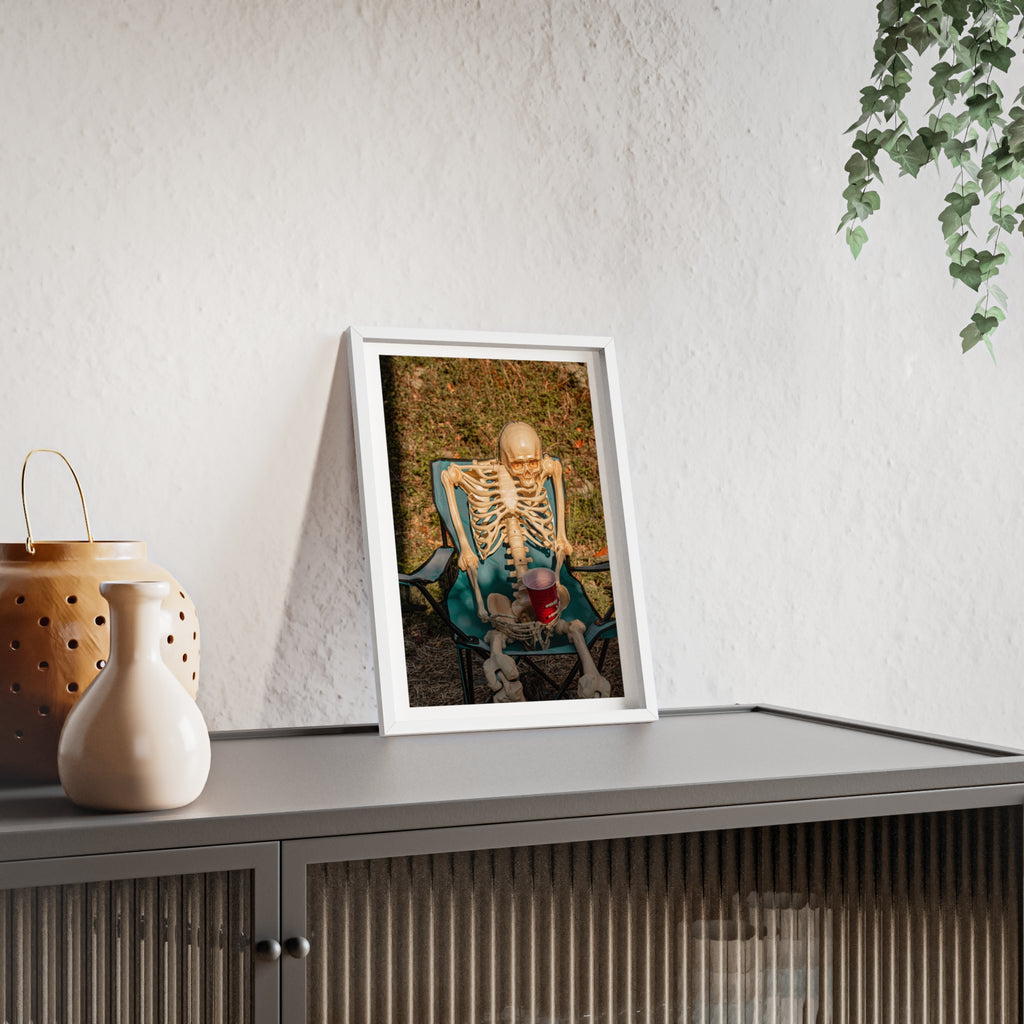 Skeleton Relaxing Poster with Wooden Frame — Funny Halloween Wall Art