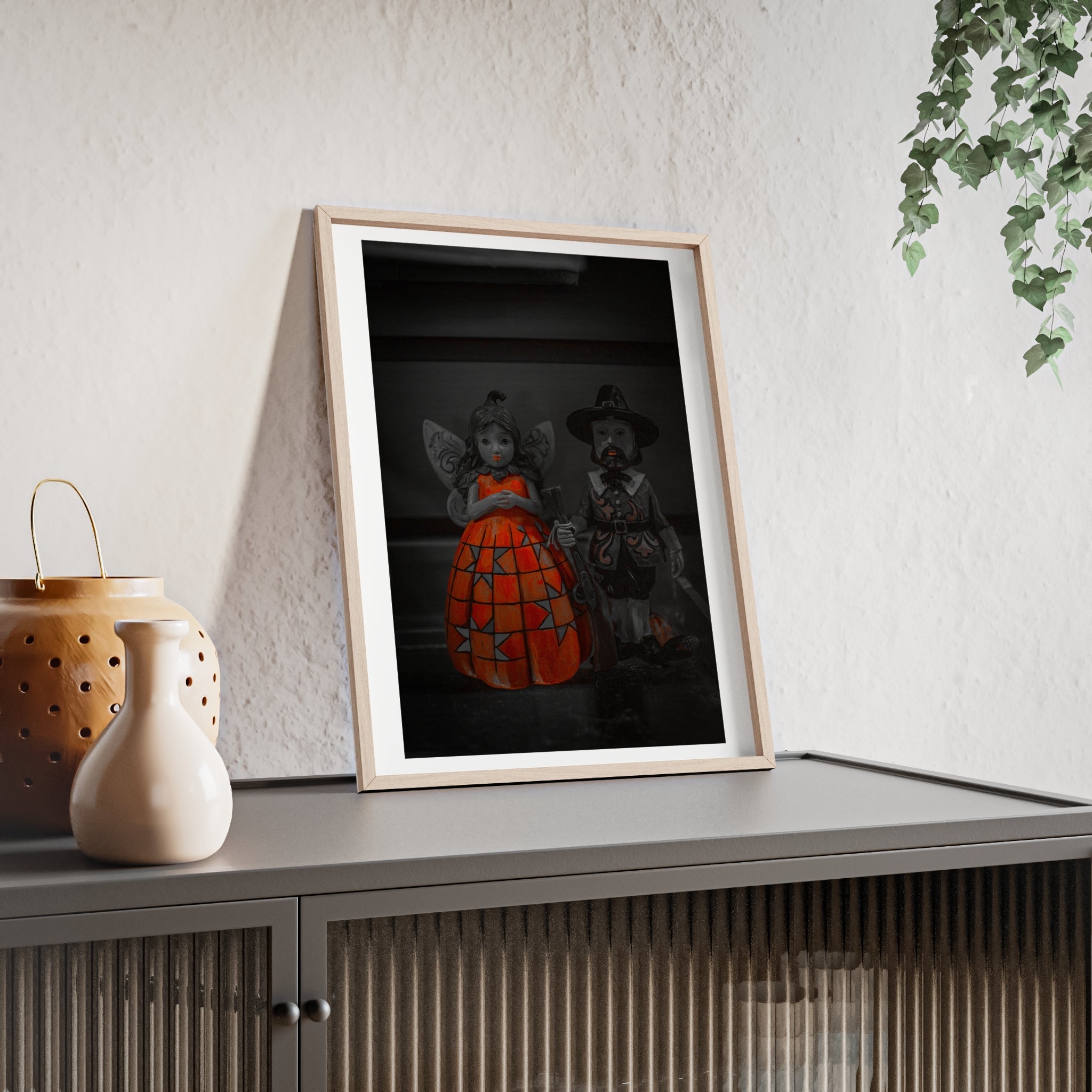 Halloween Doll Poster with Wooden Frame — Orange Pumpkin Dress Décor