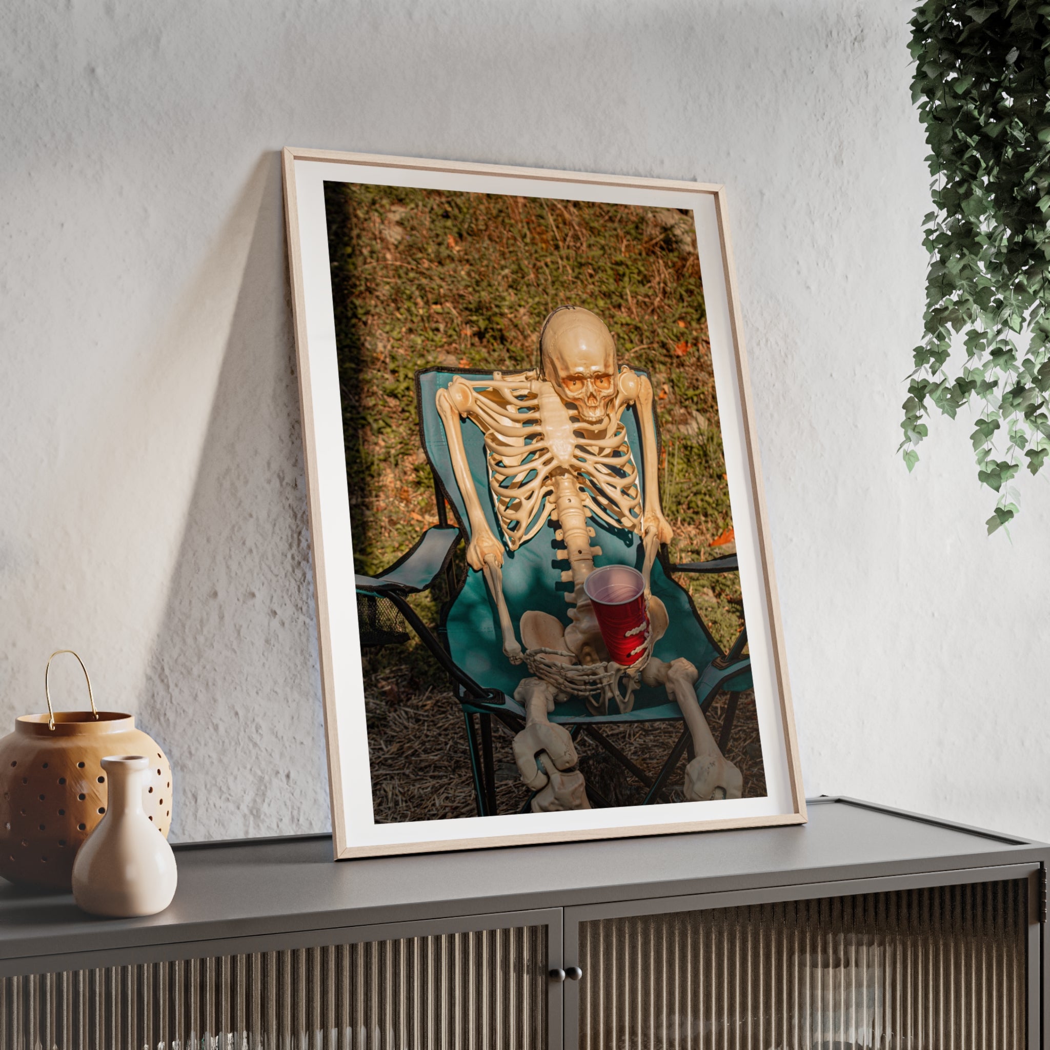 Skeleton Relaxing Poster with Wooden Frame — Funny Halloween Wall Art