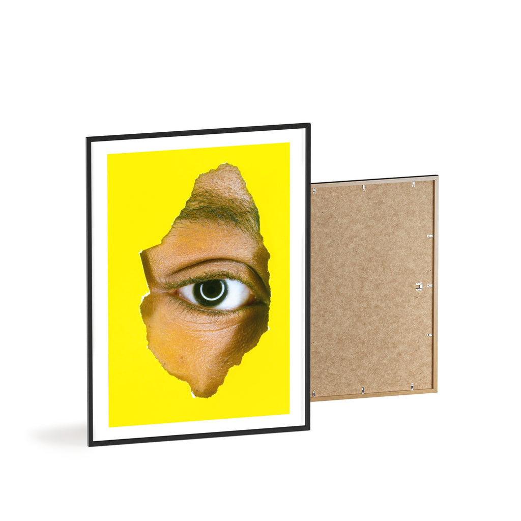 Surreal Eye Print Poster with Wooden Frame — Bold Yellow Wall Art