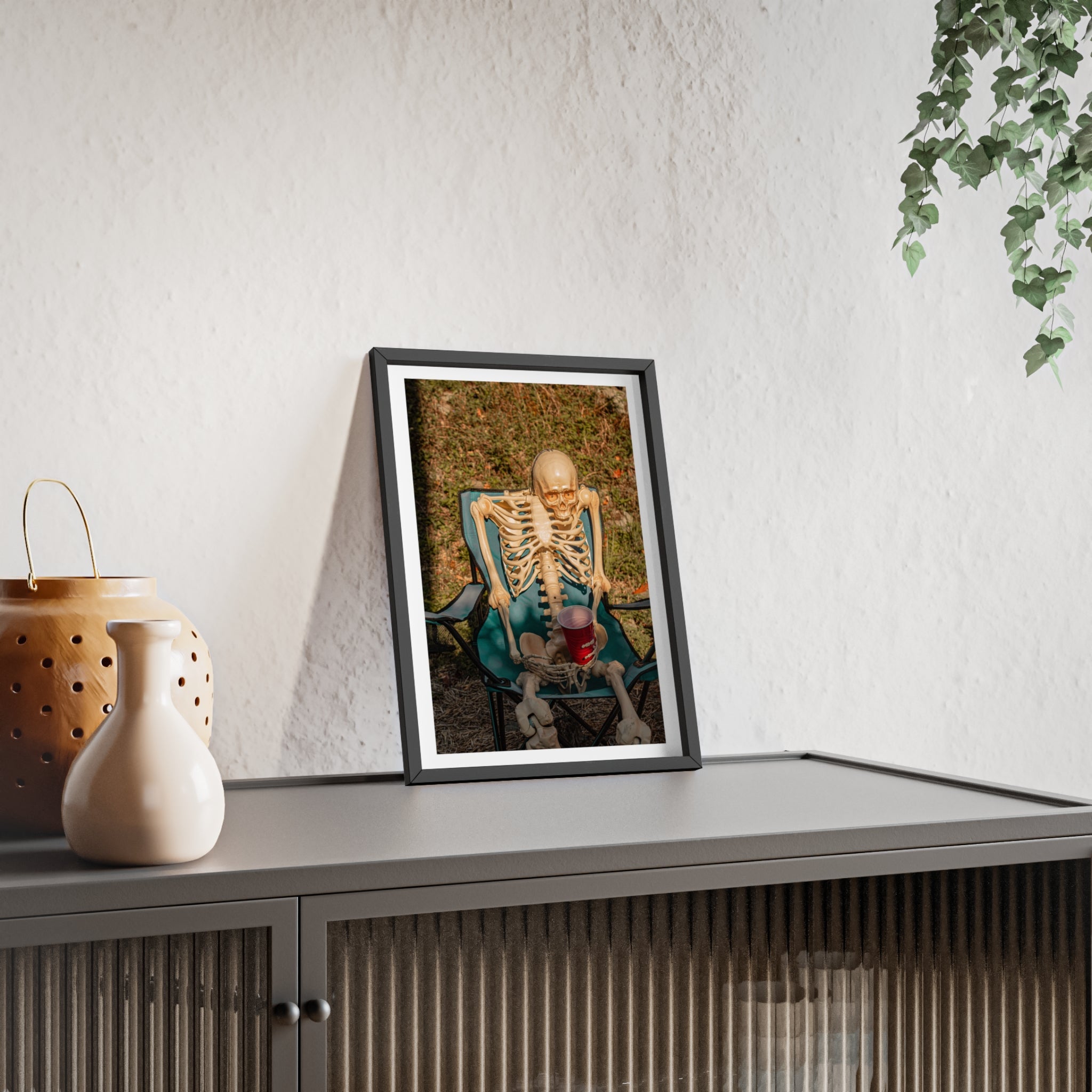 Skeleton Relaxing Poster with Wooden Frame — Funny Halloween Wall Art