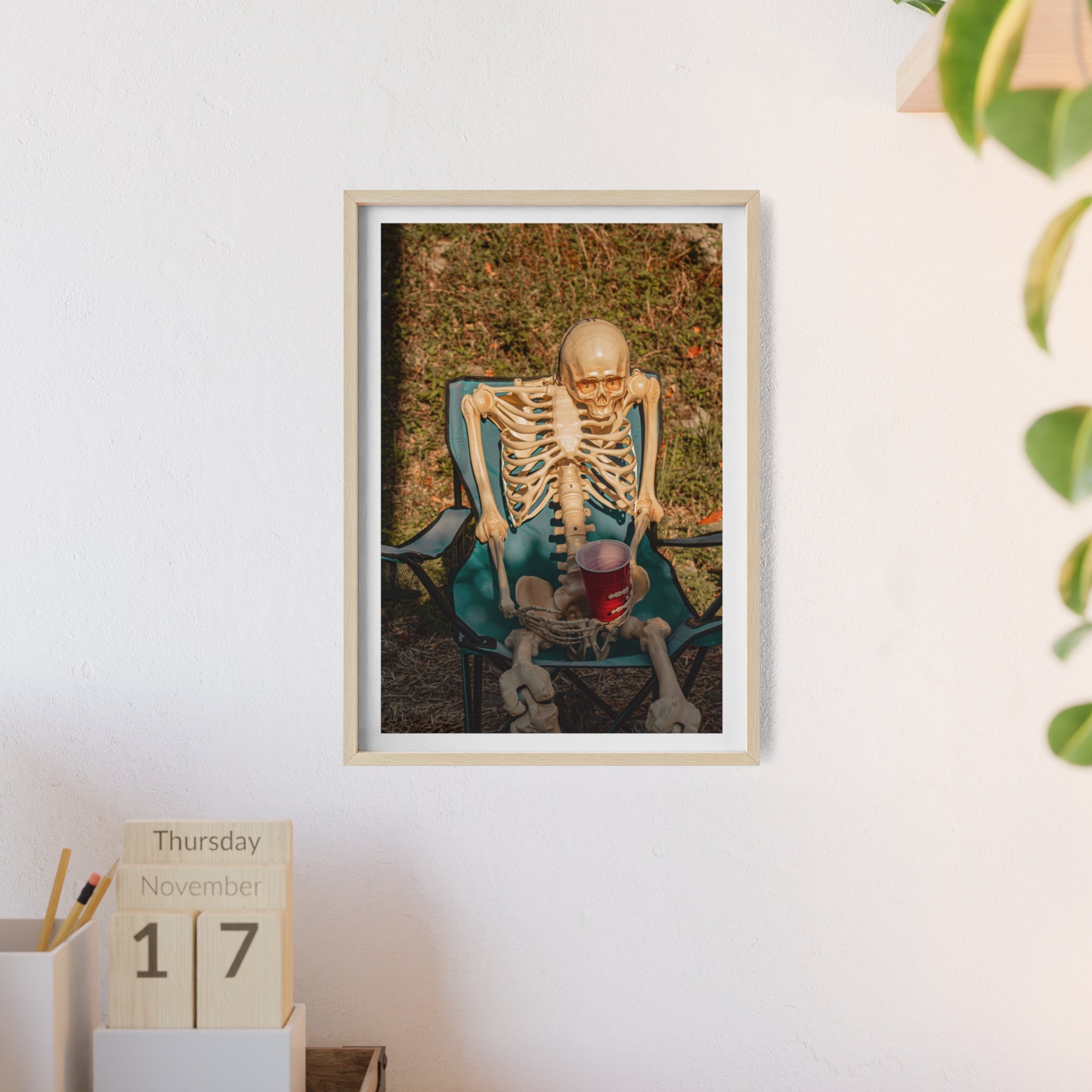 Skeleton Relaxing Poster with Wooden Frame — Funny Halloween Wall Art