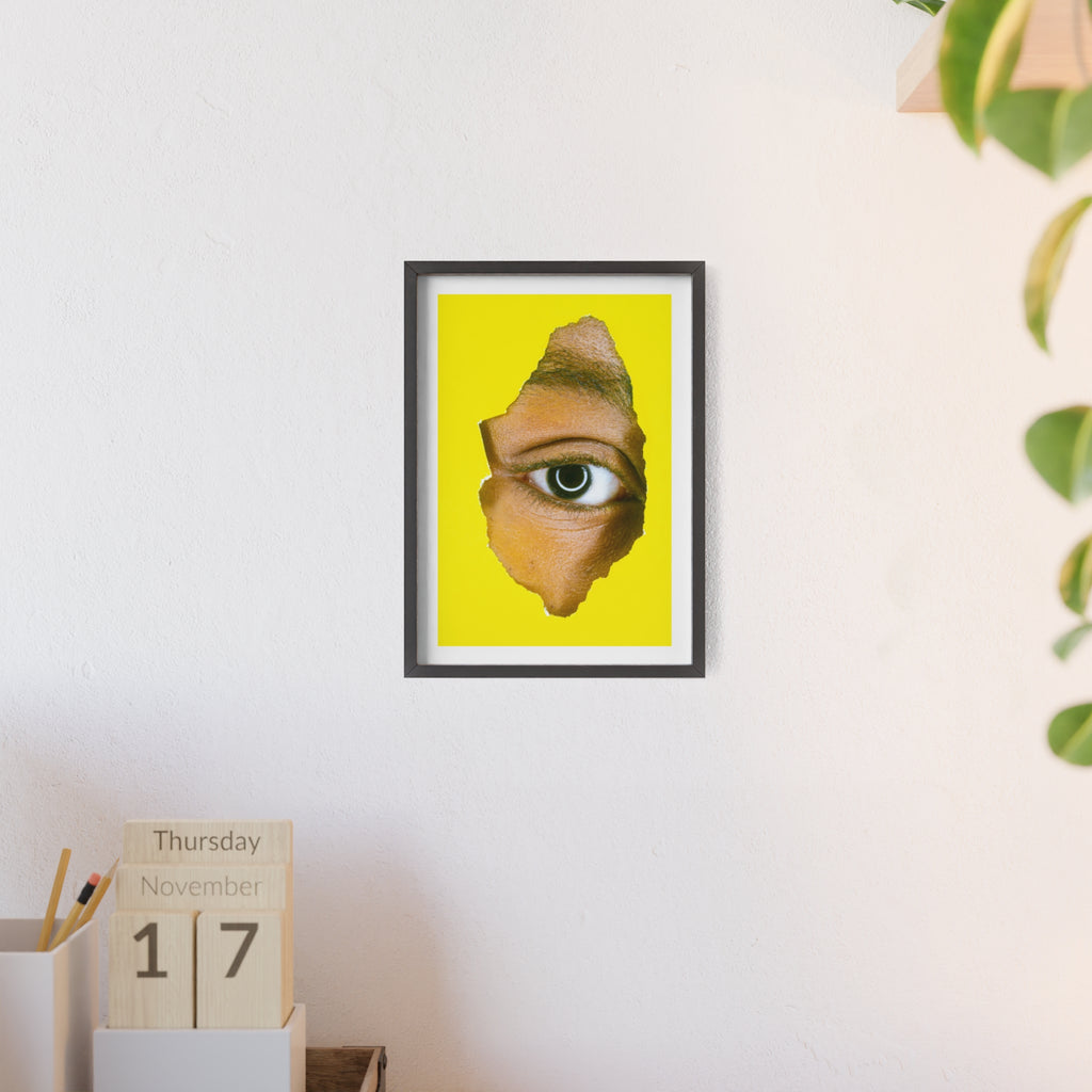 Surreal Eye Print Poster with Wooden Frame — Bold Yellow Wall Art