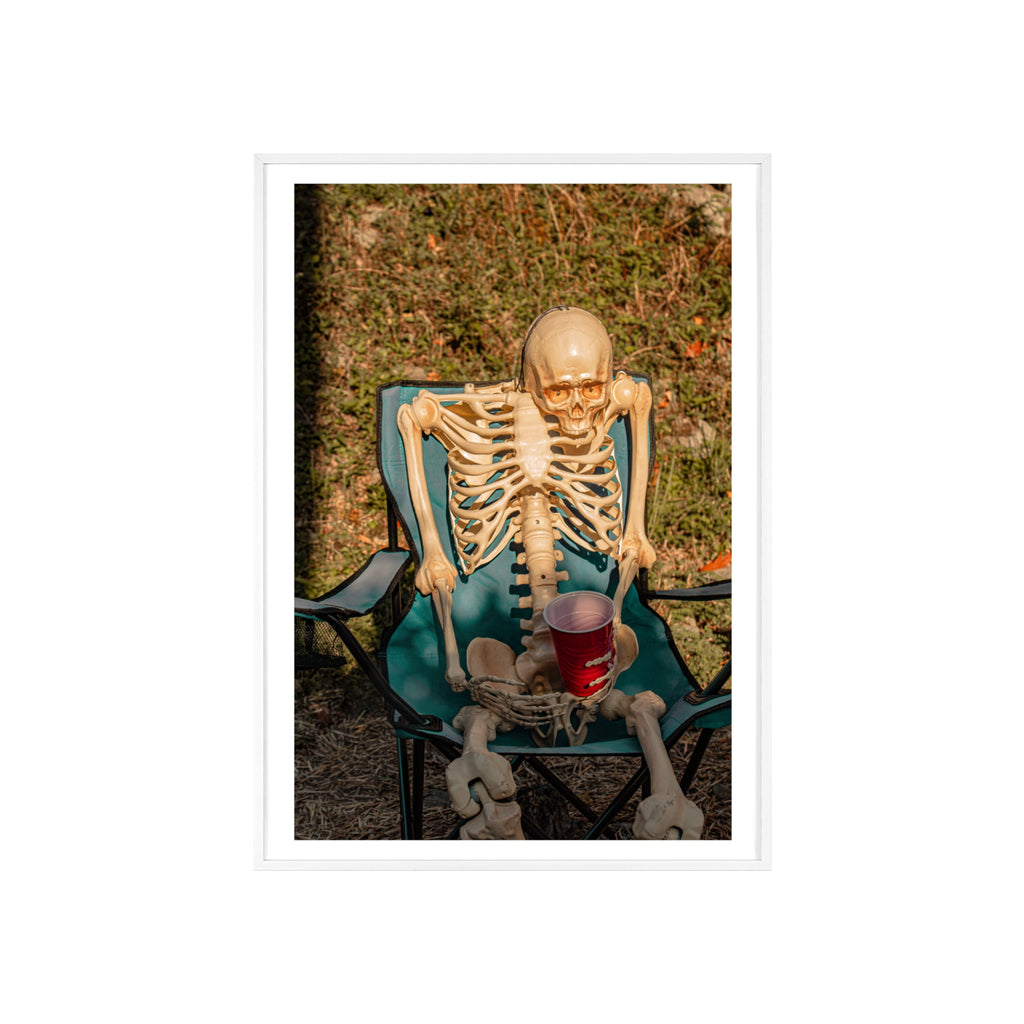 Skeleton Relaxing Poster with Wooden Frame — Funny Halloween Wall Art