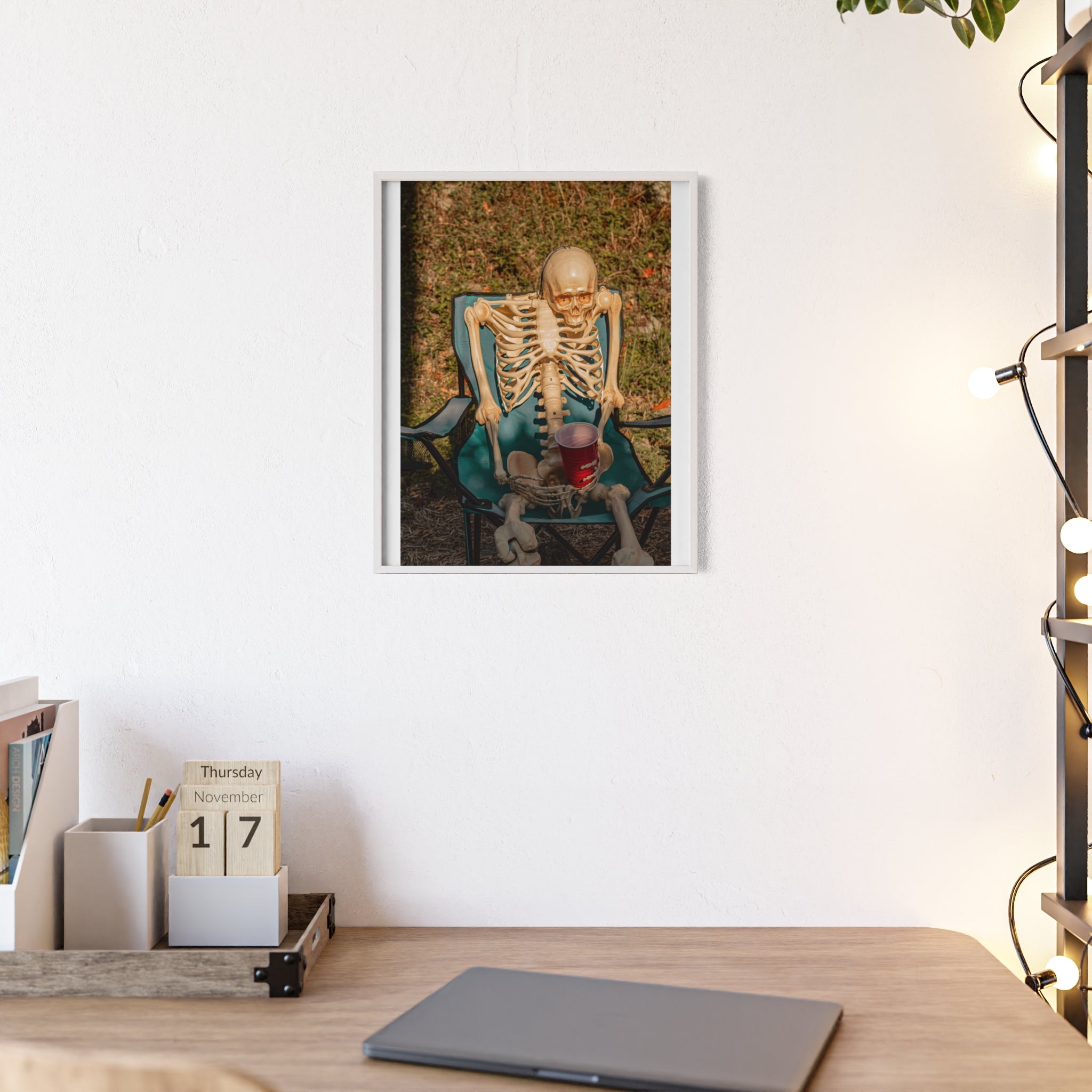 Skeleton Relaxing Poster with Wooden Frame — Funny Halloween Wall Art