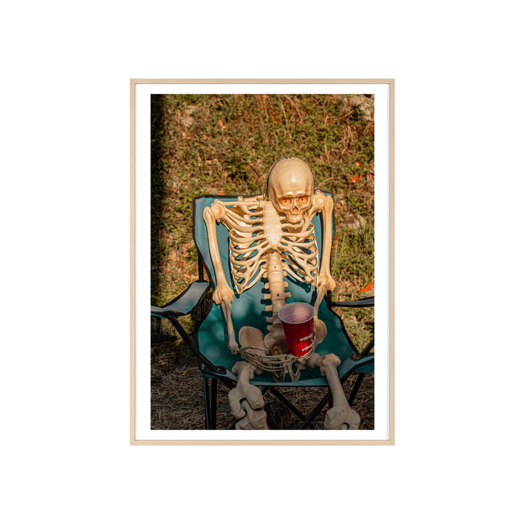 Skeleton Relaxing Poster with Wooden Frame — Funny Halloween Wall Art