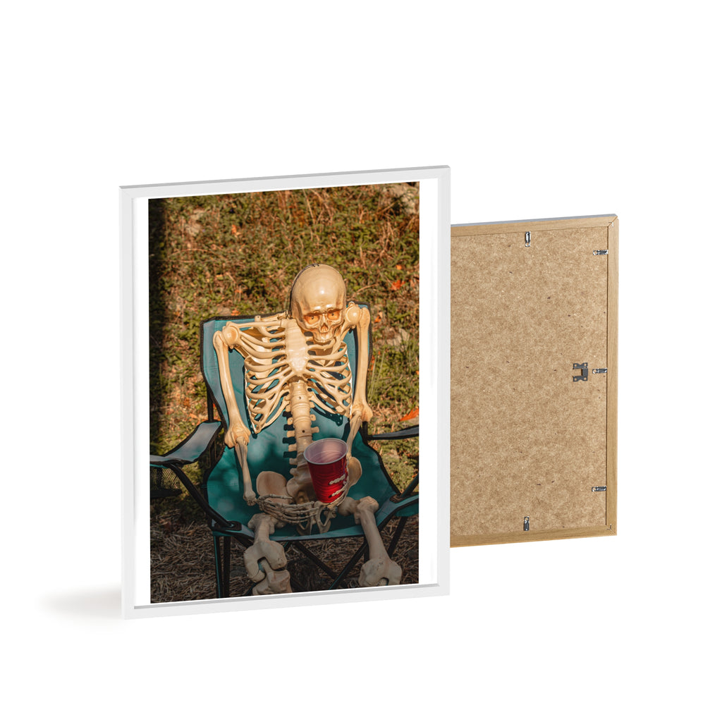 Skeleton Relaxing Poster with Wooden Frame — Funny Halloween Wall Art
