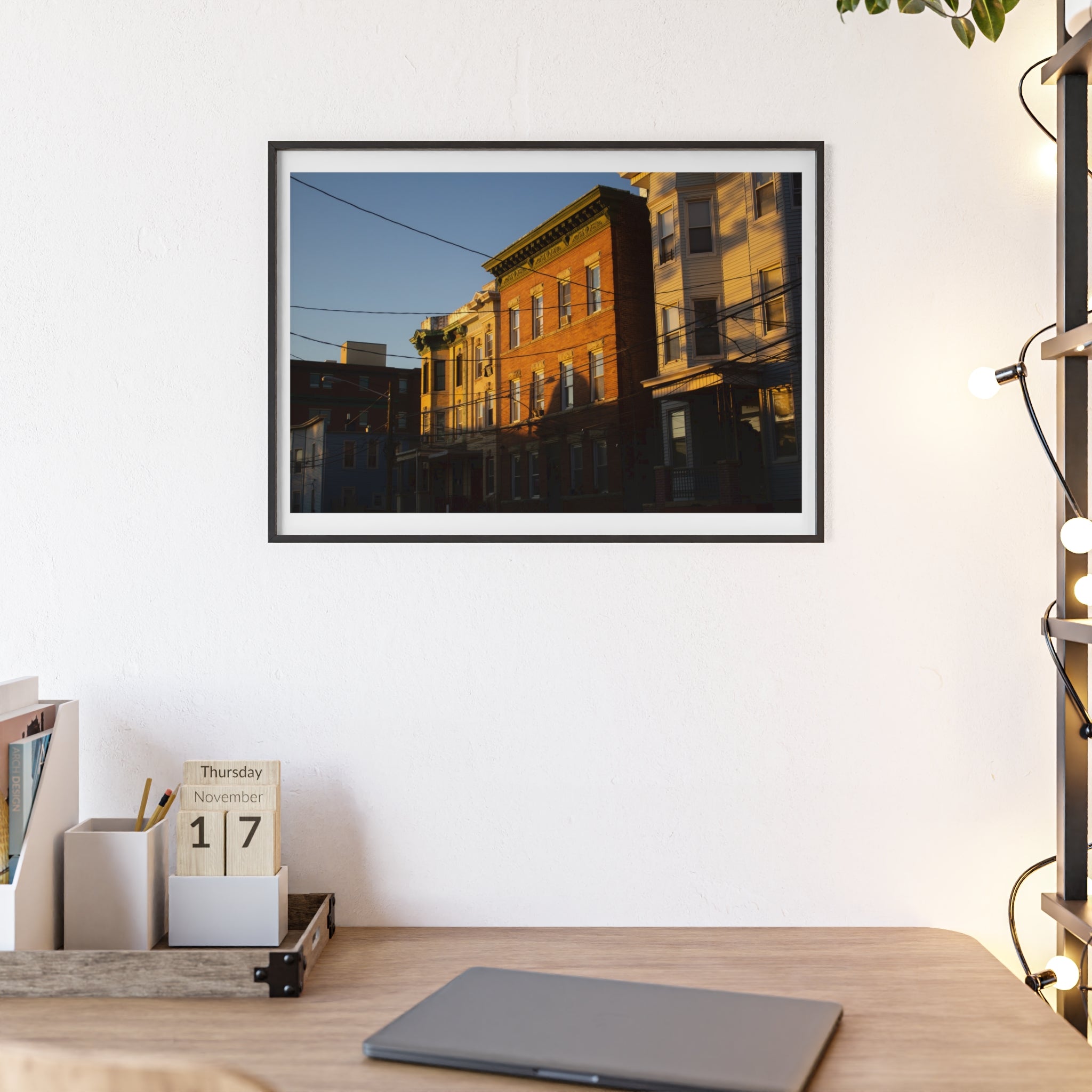 Framed Urban Rowhouse Print — Golden Hour City Street Wall Art Poster