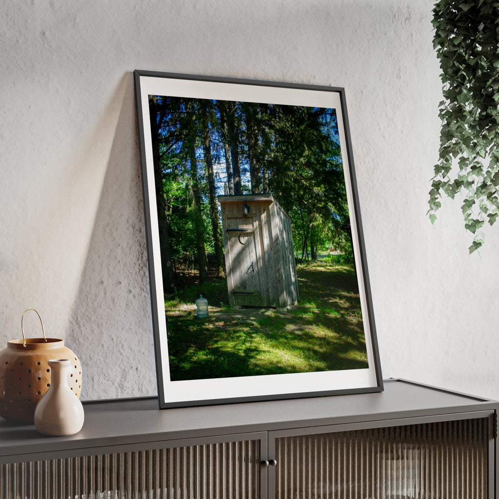 Rustic Forest Outhouse Photo Poster with Wooden Frame — Country Cabin Wall Art