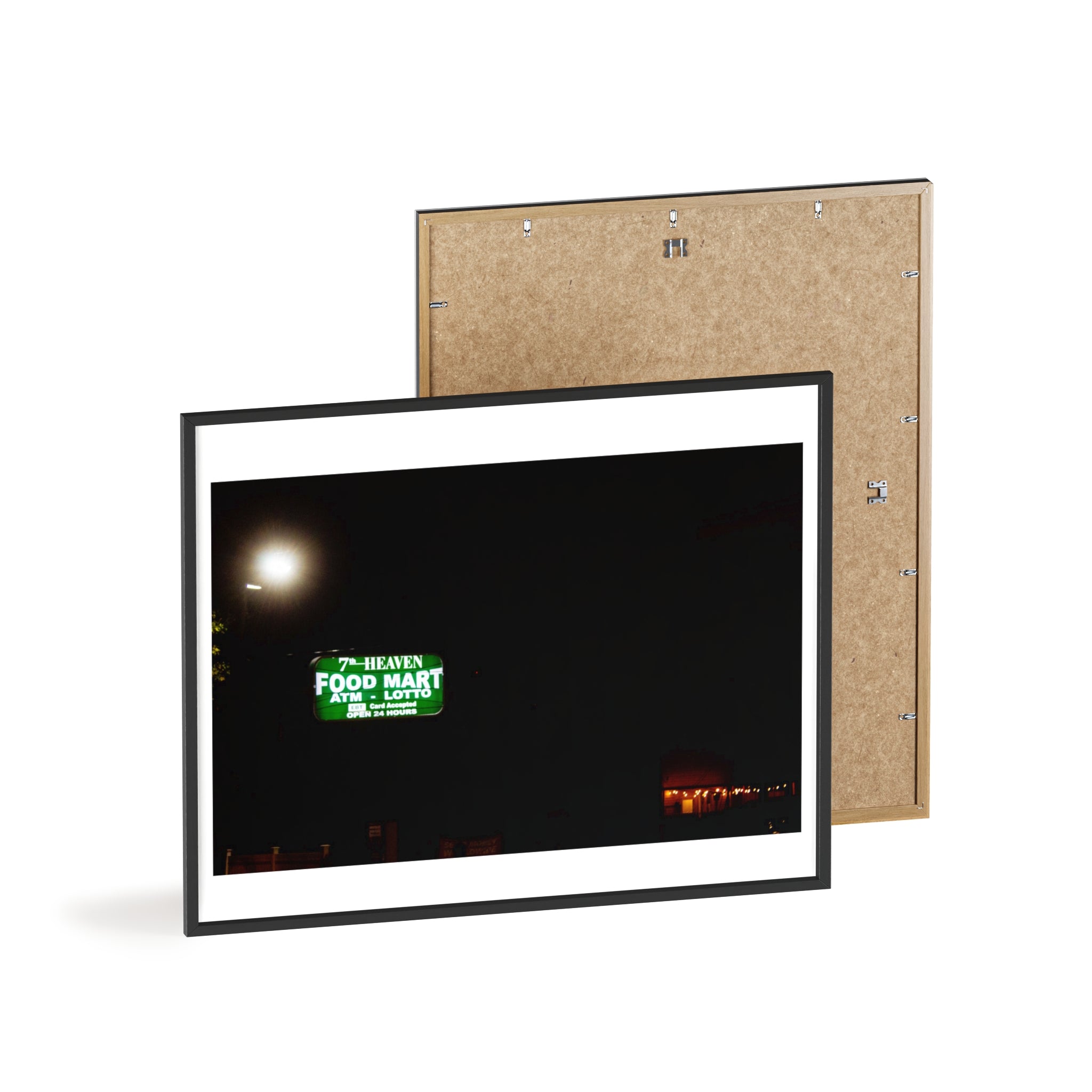 Framed Night Market Photo Print — 'Food Mart' Neon Sign Poster