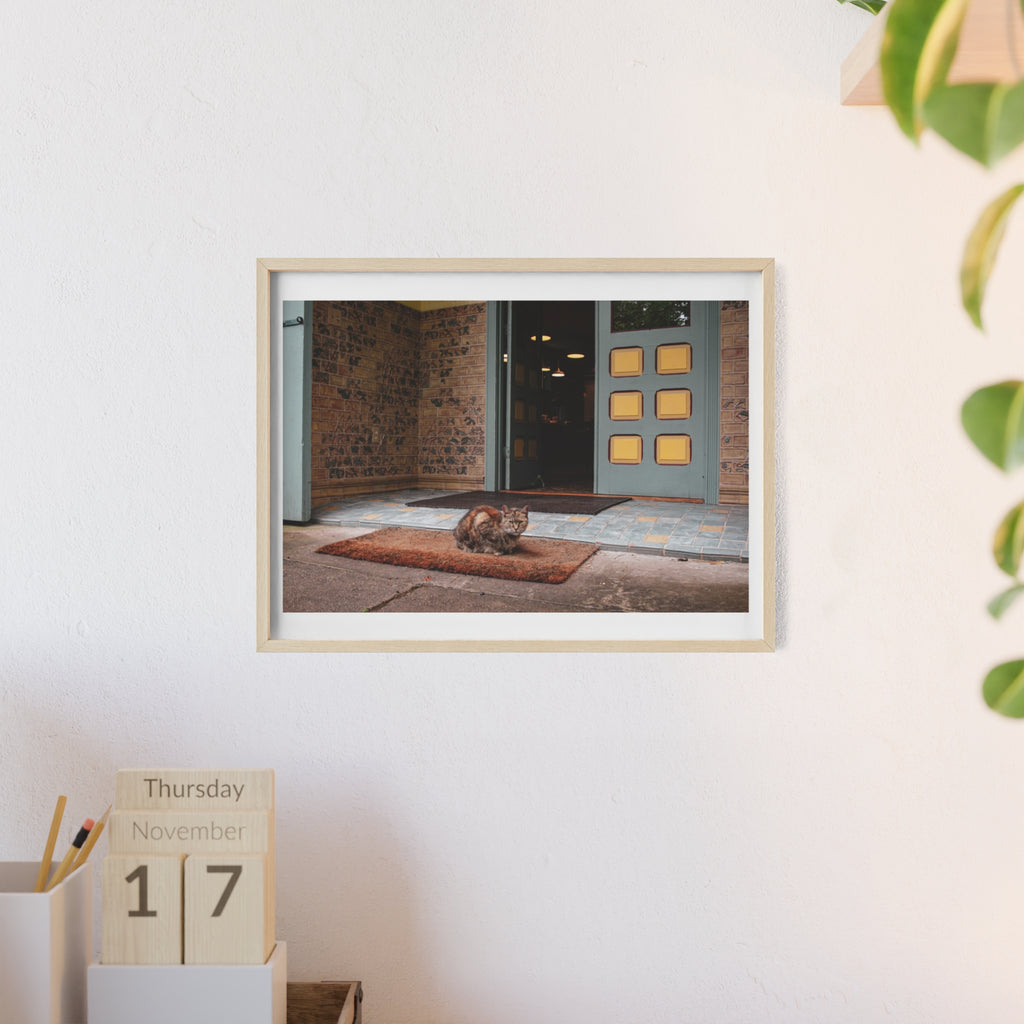 Framed Cat Doorstep Poster — Cozy Urban Entryway Wall Art