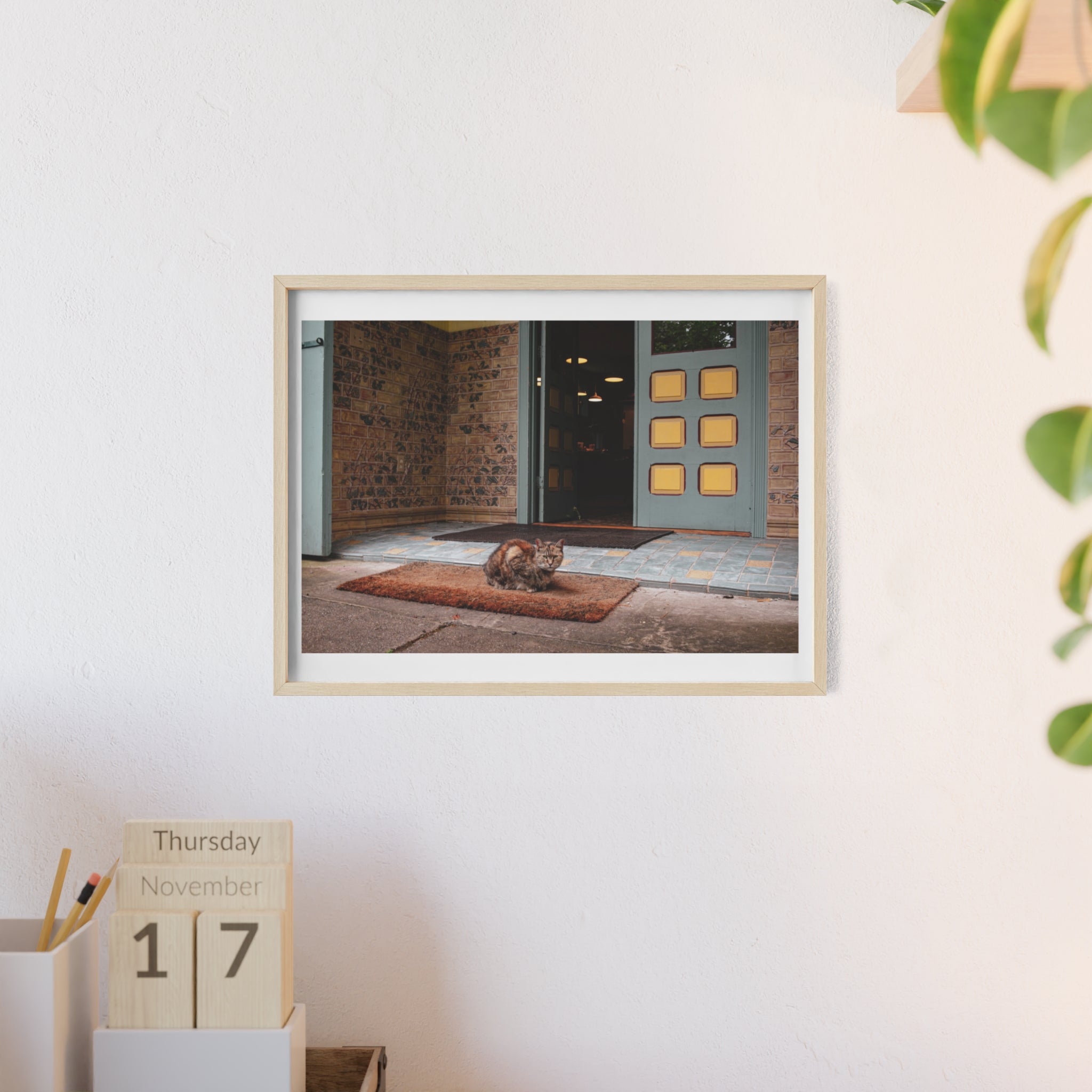 Framed Cat Doorstep Poster — Cozy Urban Entryway Wall Art