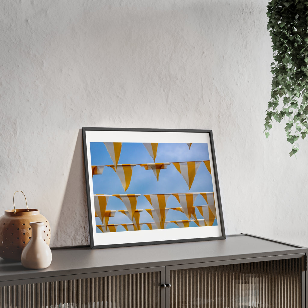 Yellow Bunting Photo Poster with Wooden Frame — Festive Beach Vibes Wall Art