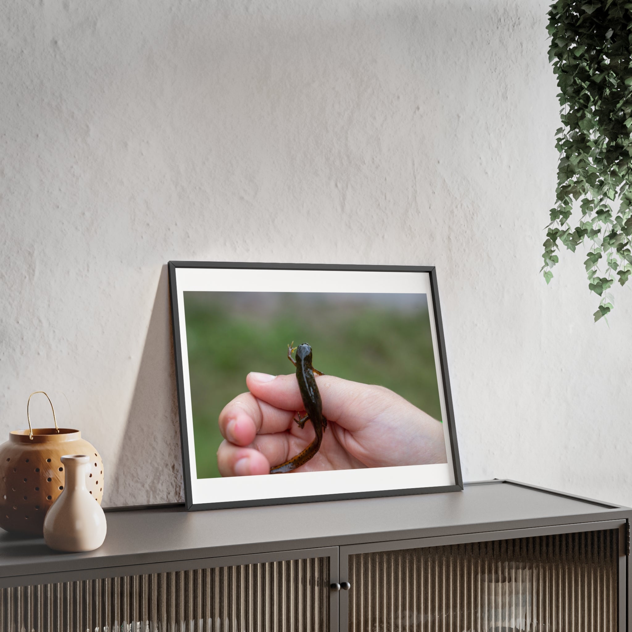 Framed Wildlife Photo Poster — Child Holding Newt
