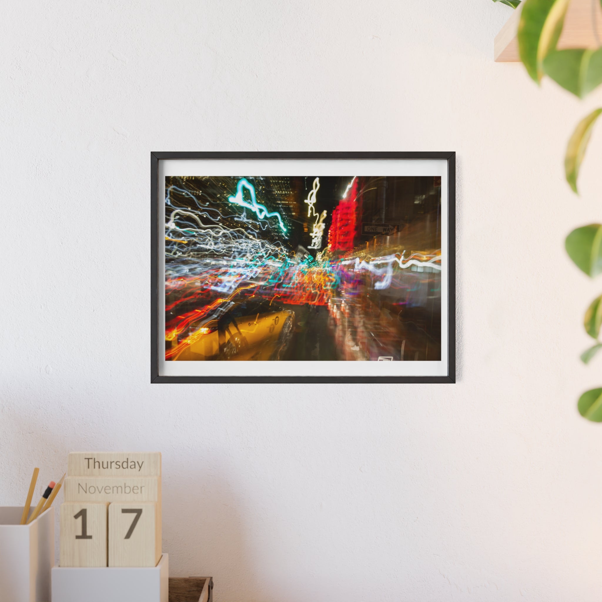 Abstract City Lights Poster with Wooden Frame – Neon Street Photography Wall Art