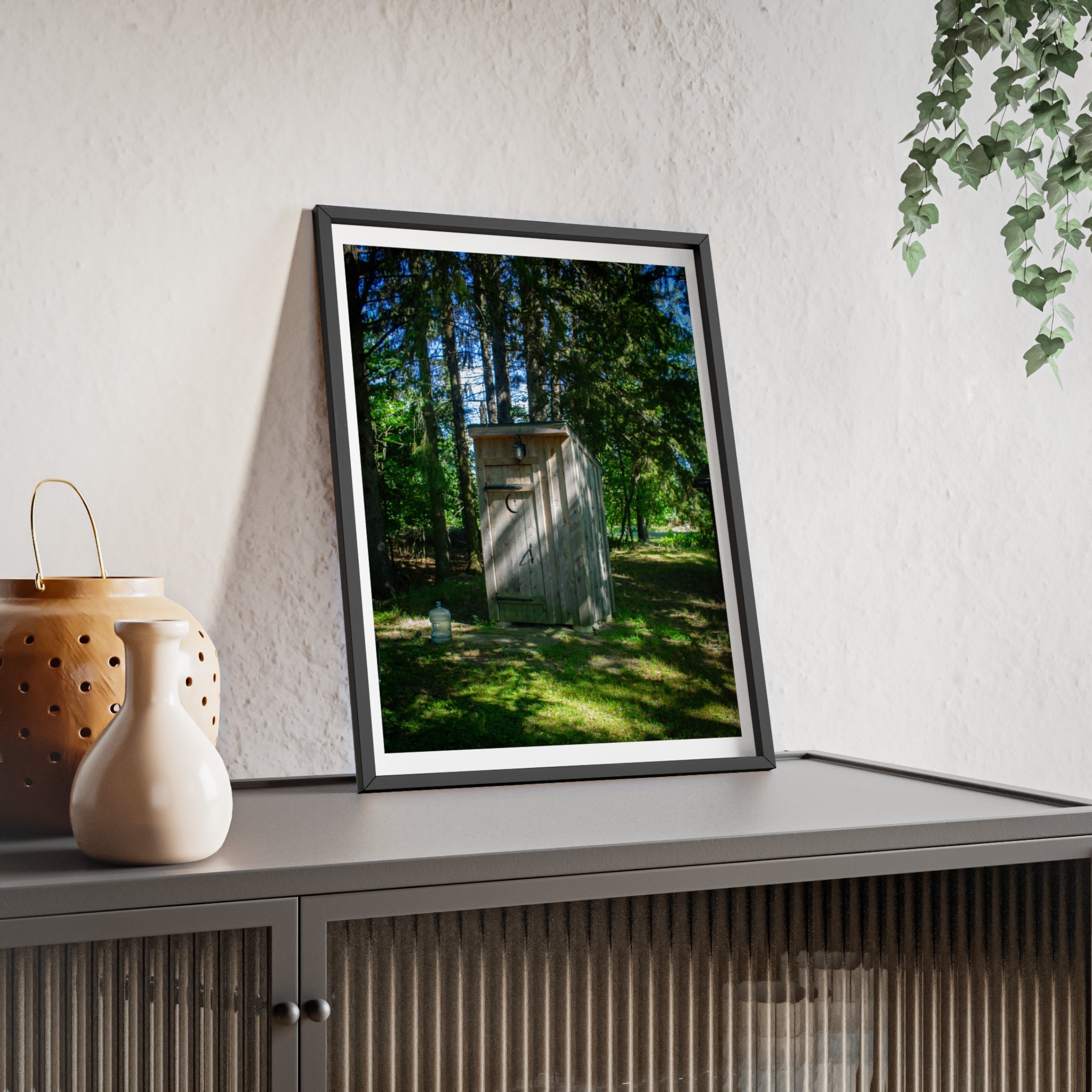 Rustic Forest Outhouse Photo Poster with Wooden Frame — Country Cabin Wall Art