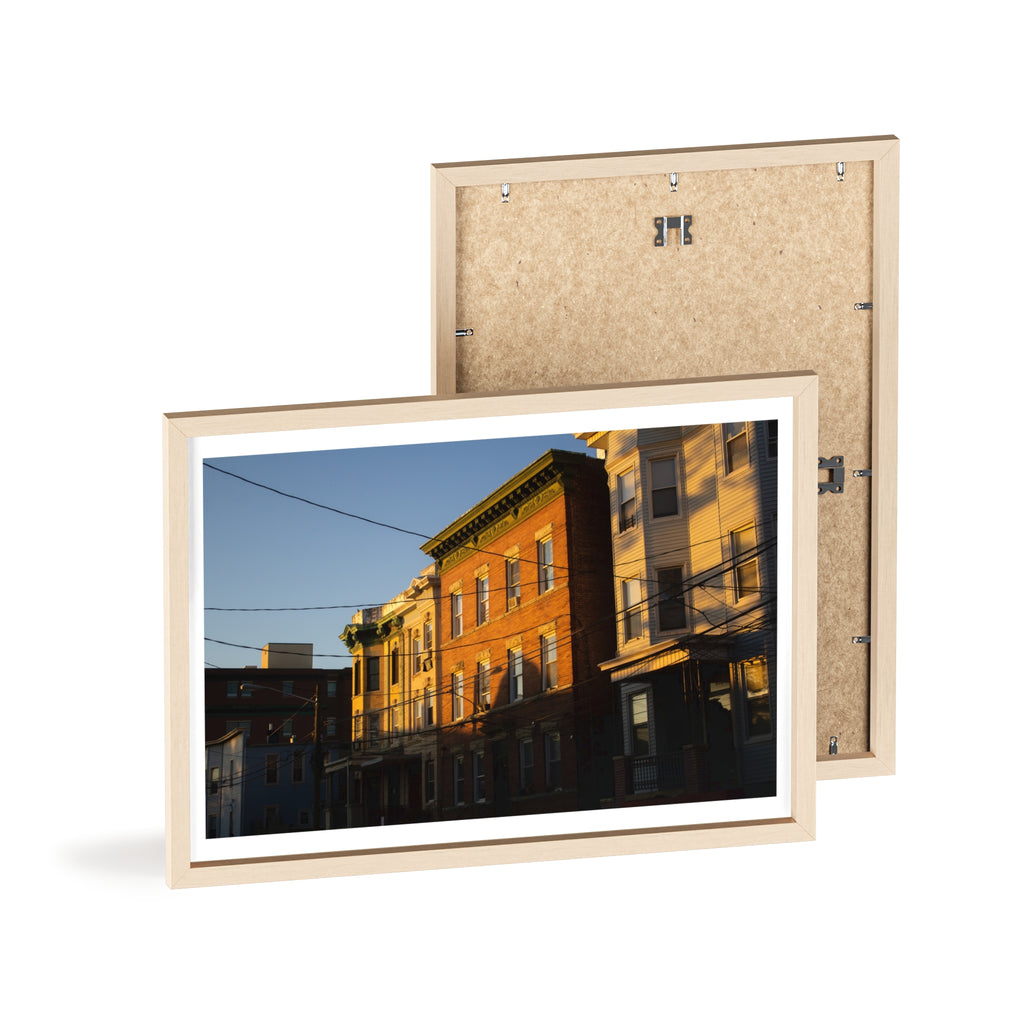 Framed Urban Rowhouse Print — Golden Hour City Street Wall Art Poster