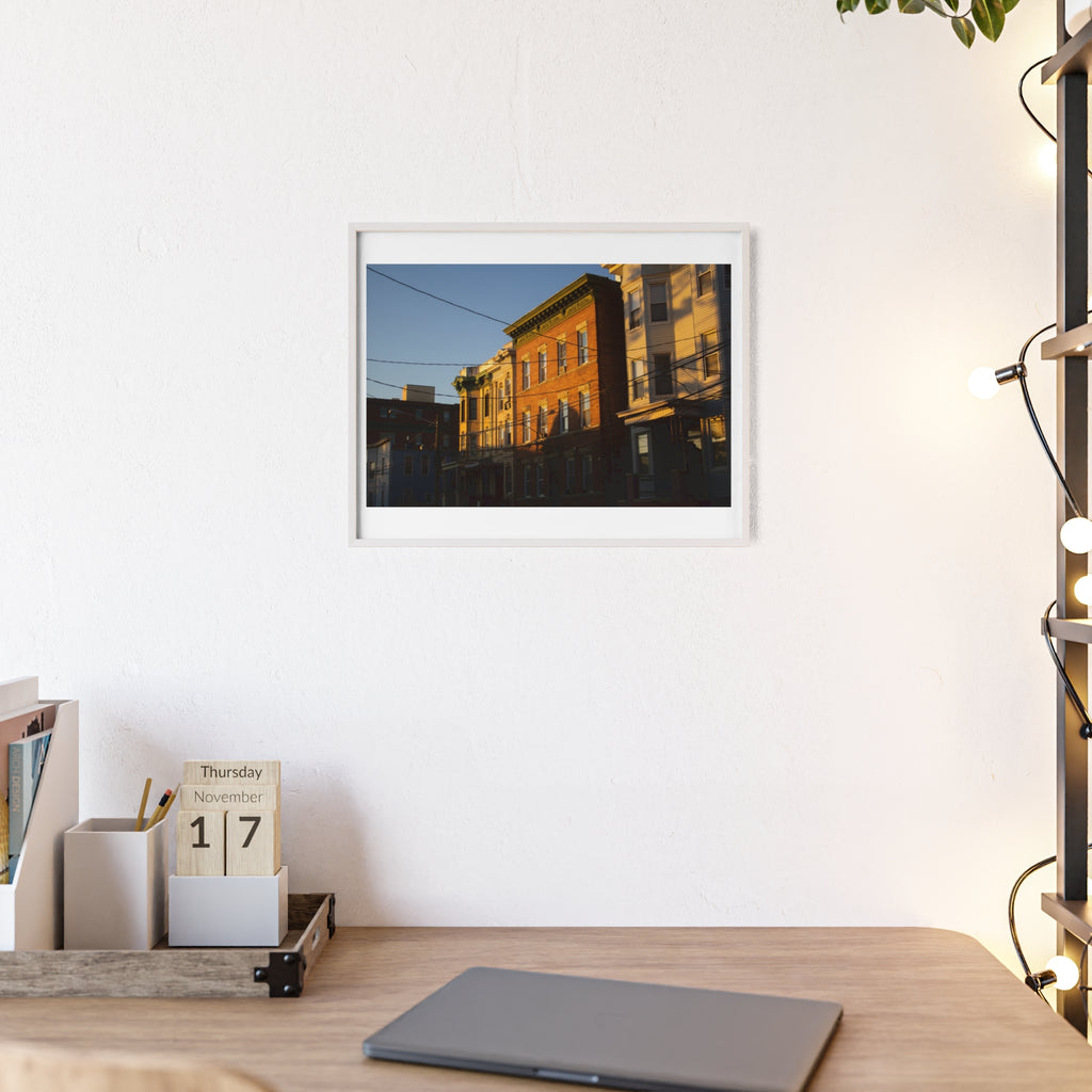 Framed Urban Rowhouse Print — Golden Hour City Street Wall Art Poster