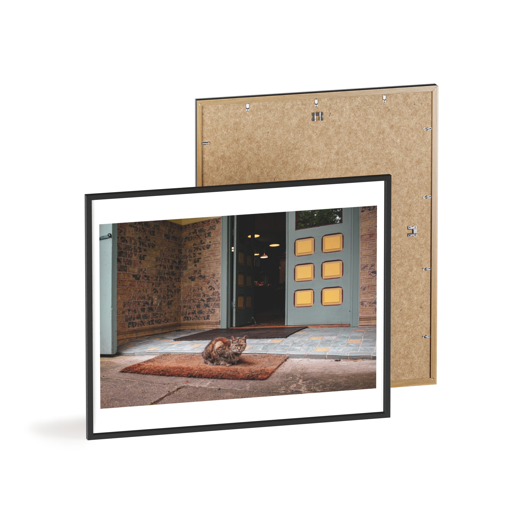 Framed Cat Doorstep Poster — Cozy Urban Entryway Wall Art