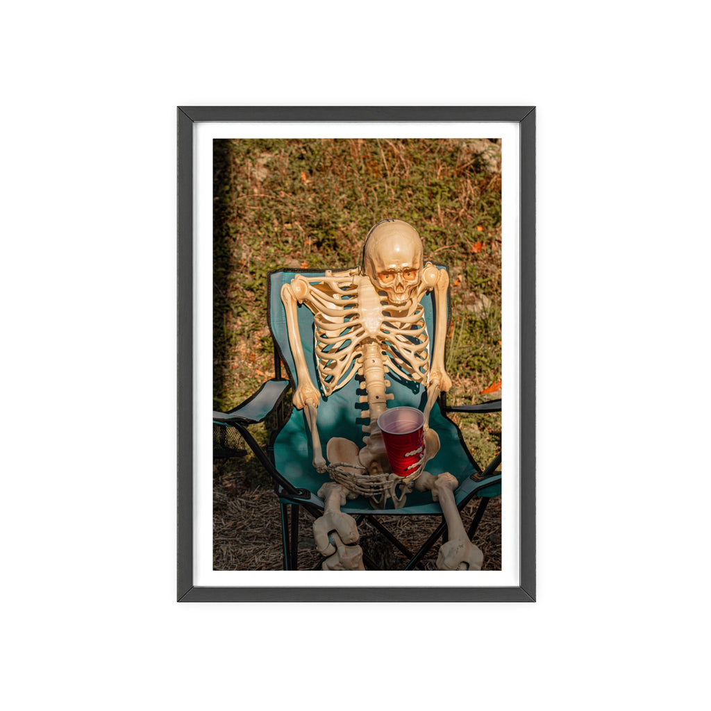 Skeleton Relaxing Poster with Wooden Frame — Funny Halloween Wall Art