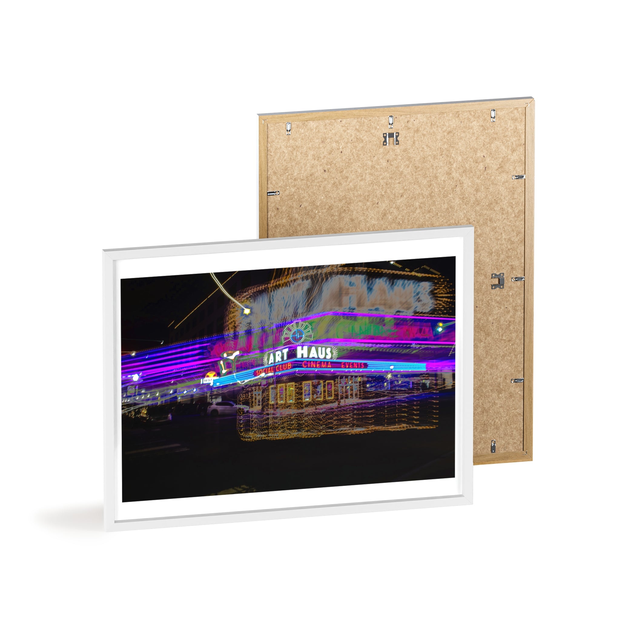 Neon Night Cinema Poster with Wooden Frame