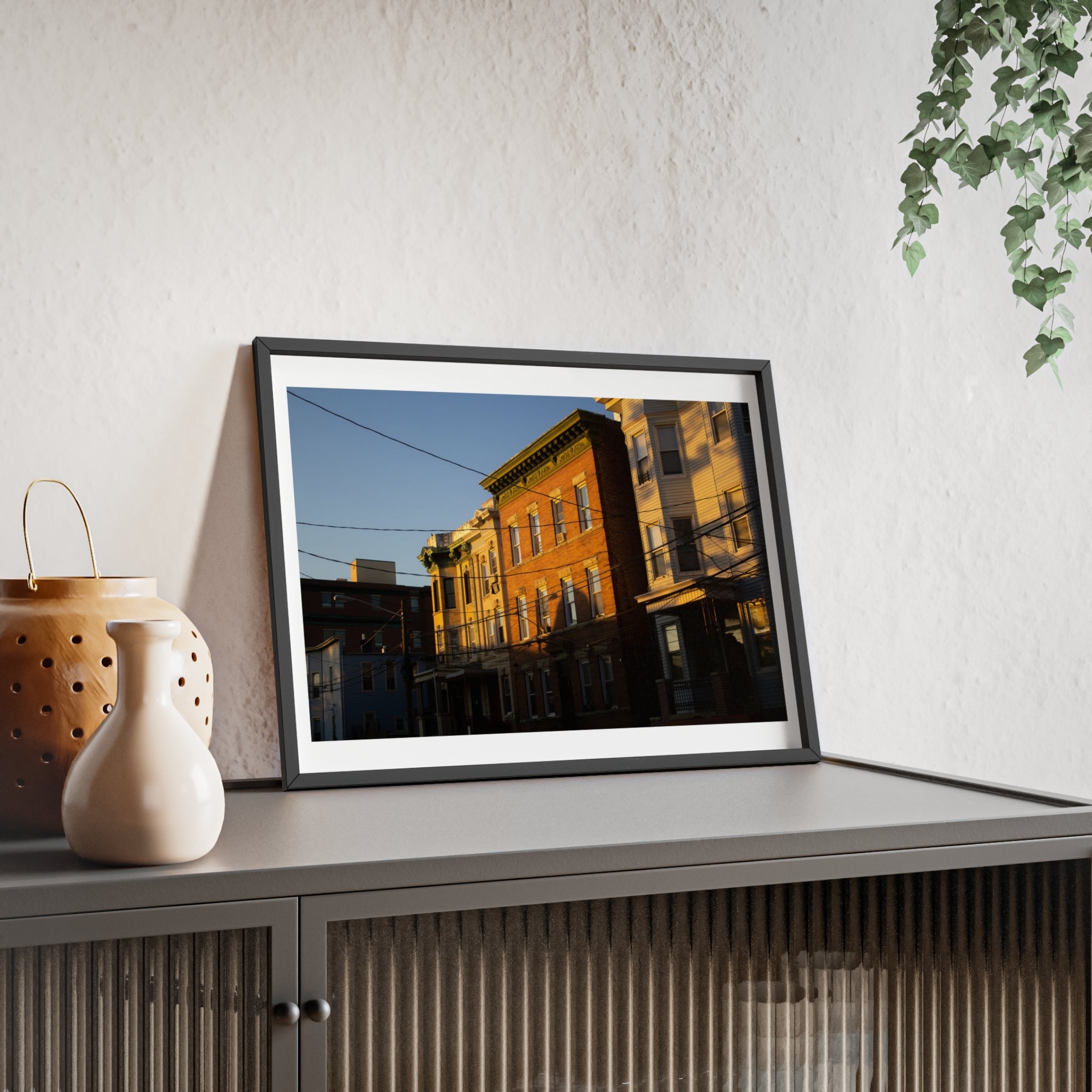 Framed Urban Rowhouse Print — Golden Hour City Street Wall Art Poster