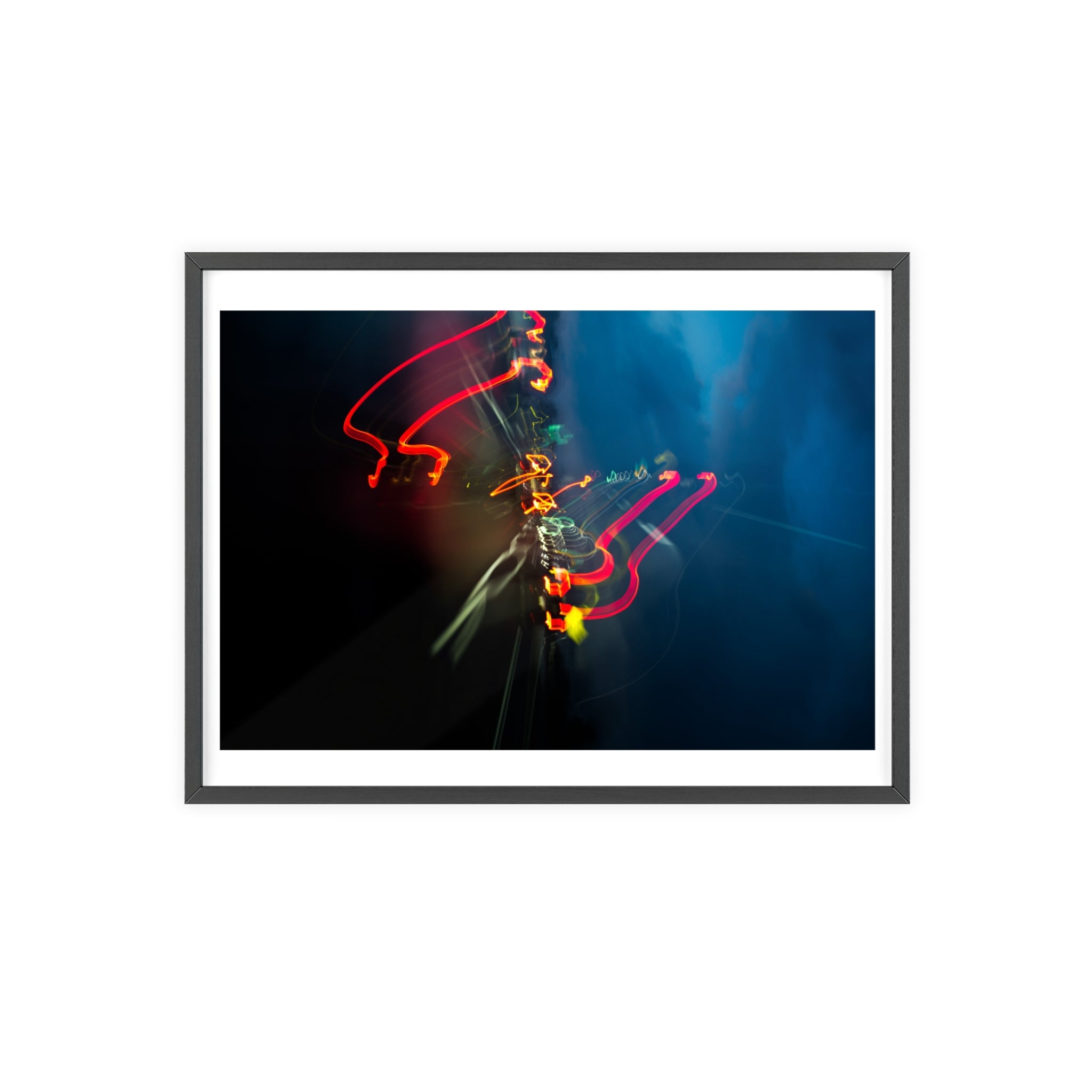 Abstract Light Trail Poster with Wooden Frame — Modern Neon Wall Art