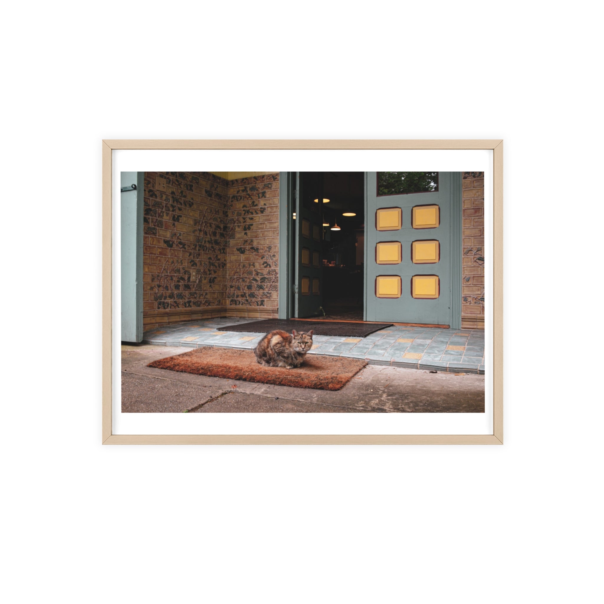 Framed Cat Doorstep Poster — Cozy Urban Entryway Wall Art