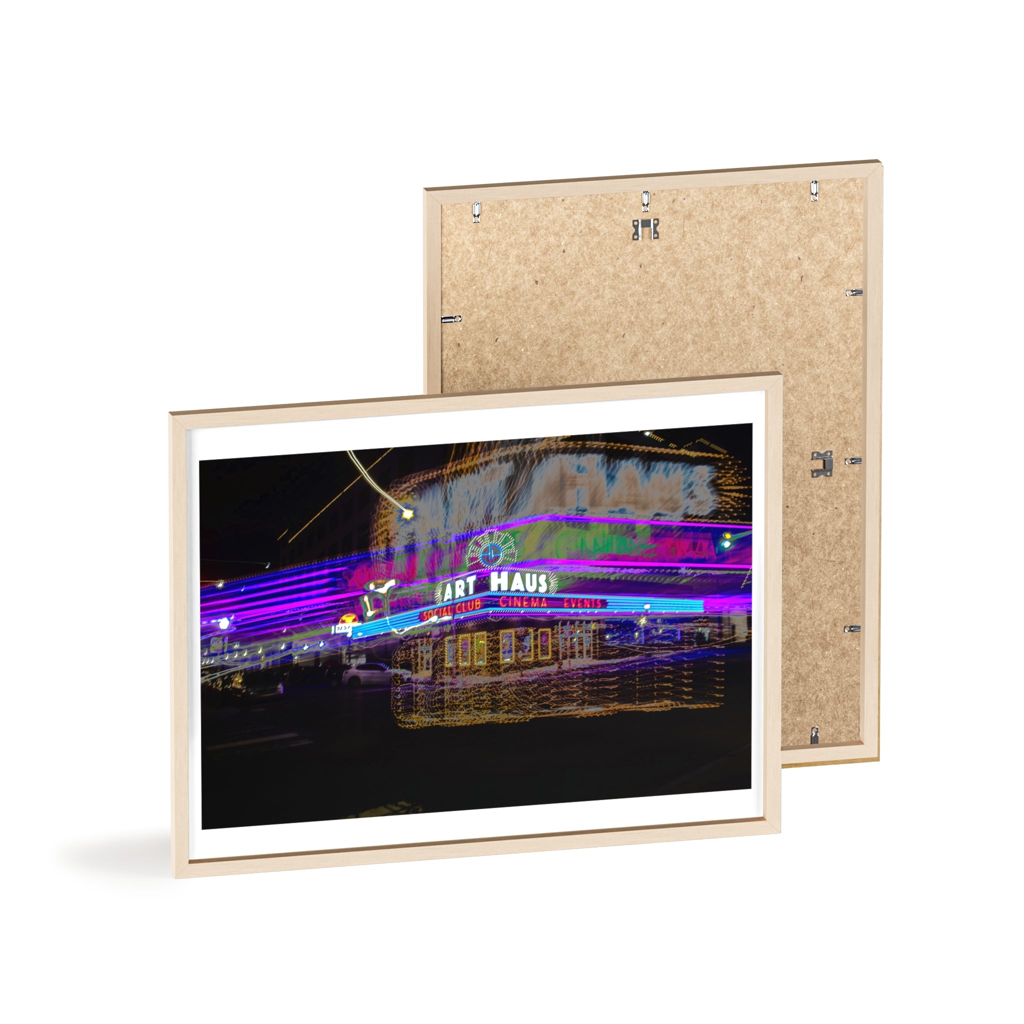 Neon Night Cinema Poster with Wooden Frame