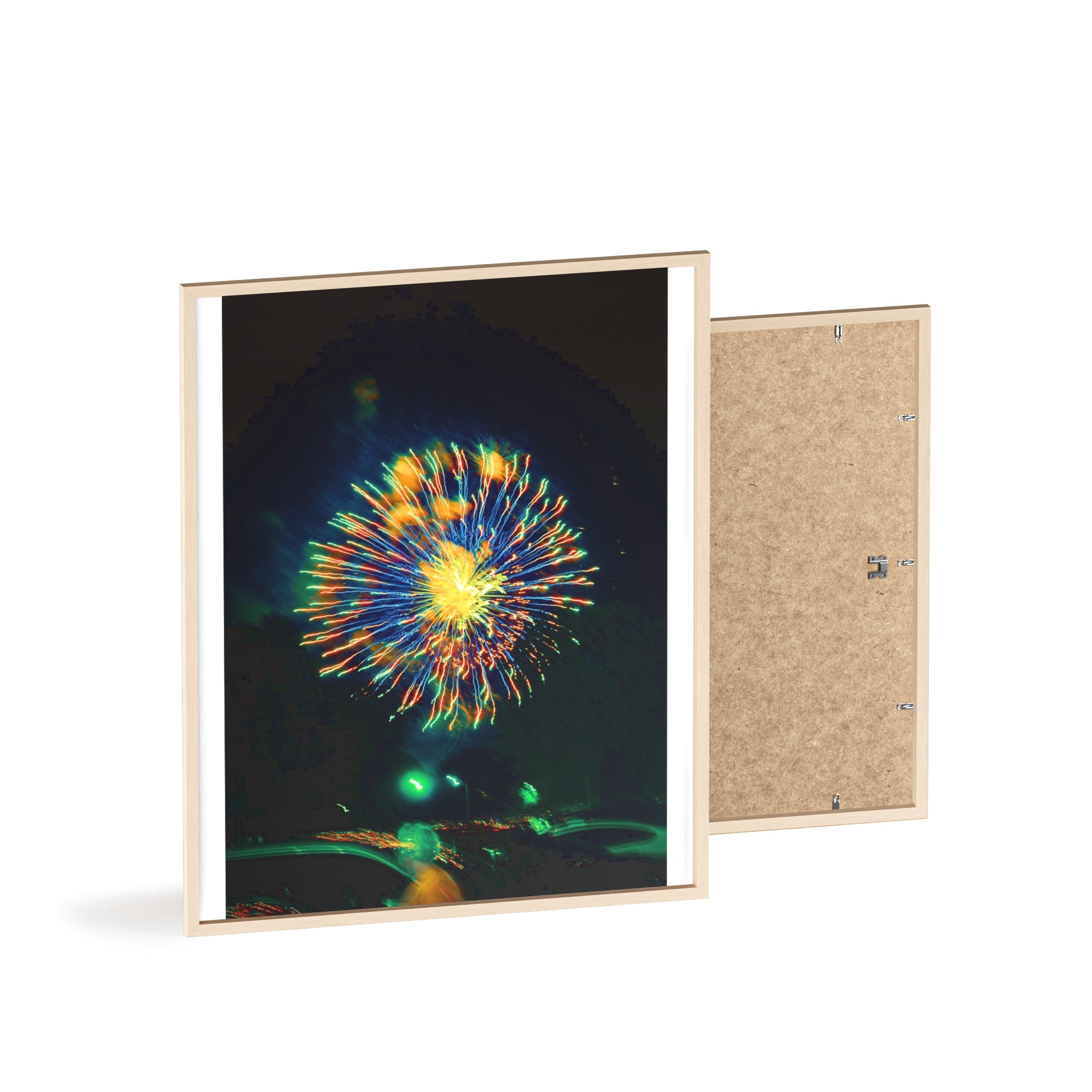 Framed Firework Art Print — Colorful Abstract Night Sky Poster with Wooden Frame