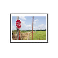 Stop sign on a pole with a rural landscape in the background