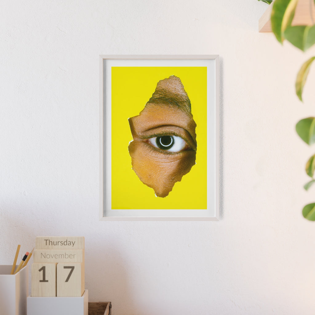 Surreal Eye Print Poster with Wooden Frame — Bold Yellow Wall Art