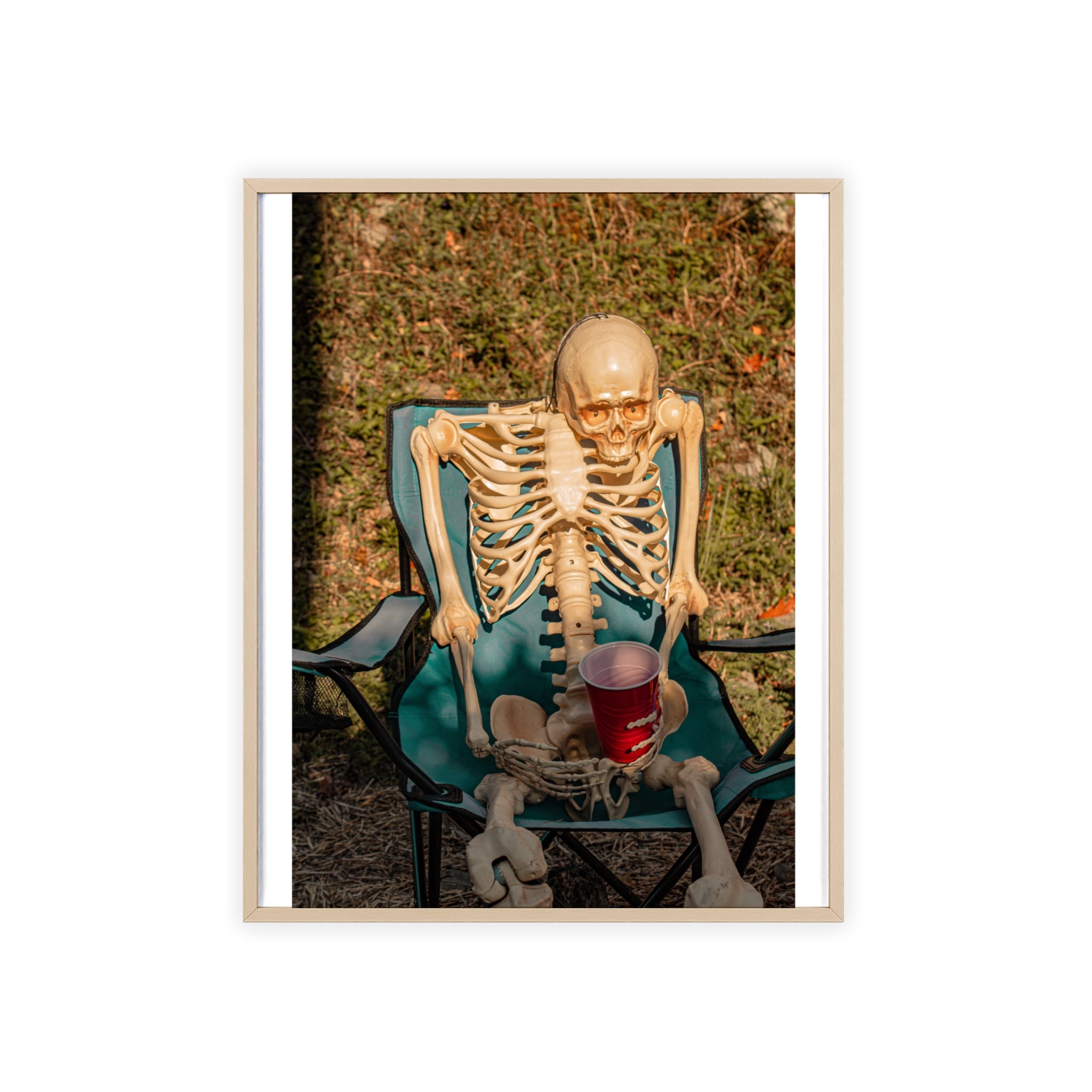 Skeleton Relaxing Poster with Wooden Frame — Funny Halloween Wall Art