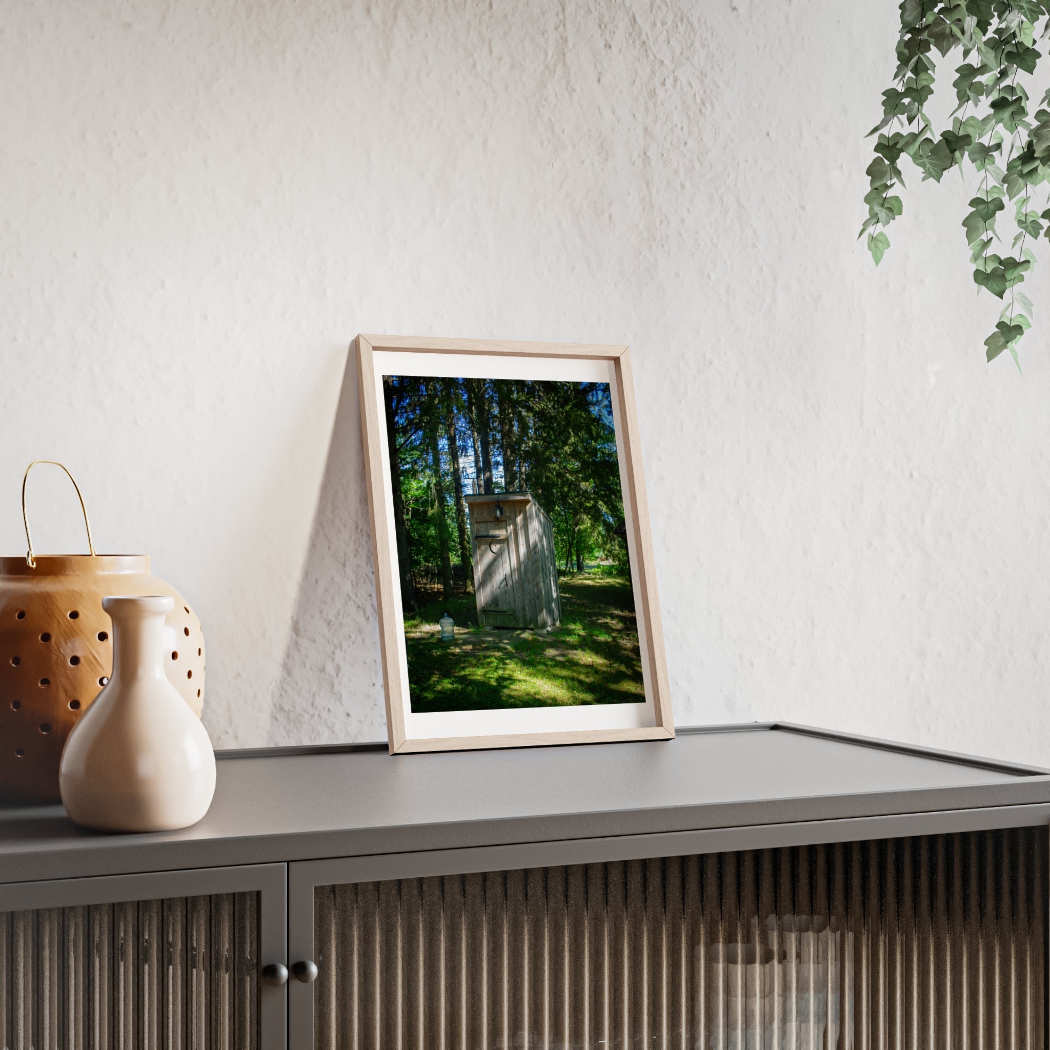 Rustic Forest Outhouse Photo Poster with Wooden Frame — Country Cabin Wall Art