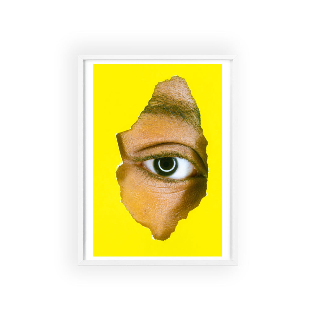 Surreal Eye Print Poster with Wooden Frame — Bold Yellow Wall Art