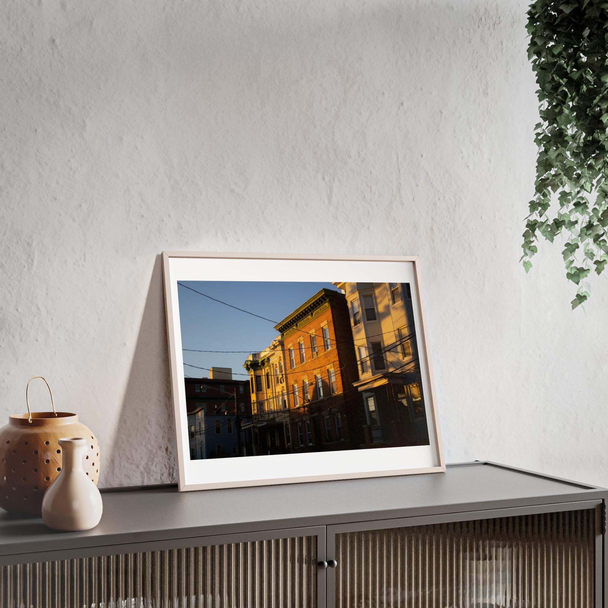 Framed Urban Rowhouse Print — Golden Hour City Street Wall Art Poster