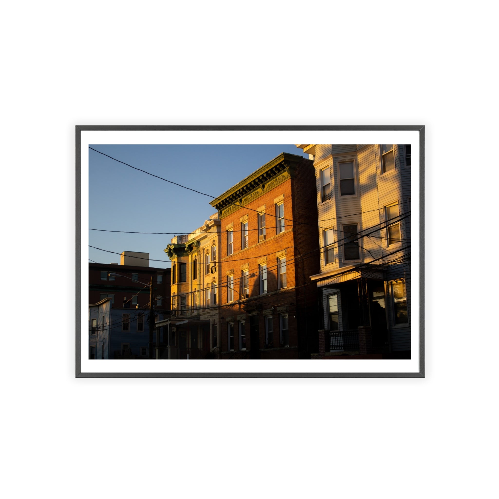 Framed Urban Rowhouse Print — Golden Hour City Street Wall Art Poster