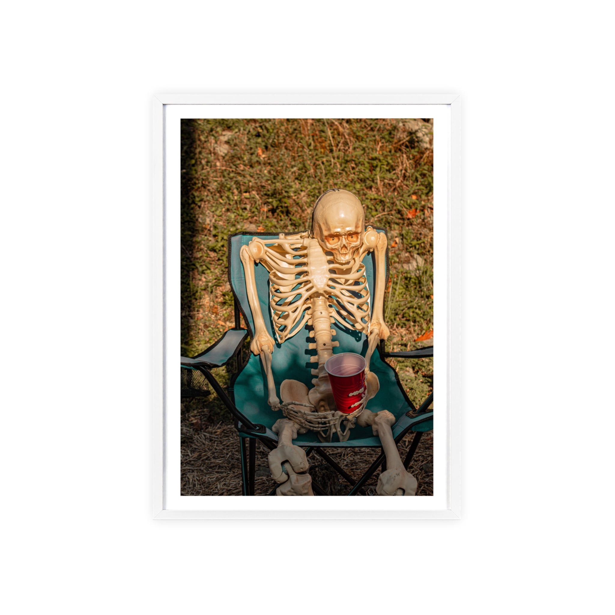 Skeleton Relaxing Poster with Wooden Frame — Funny Halloween Wall Art