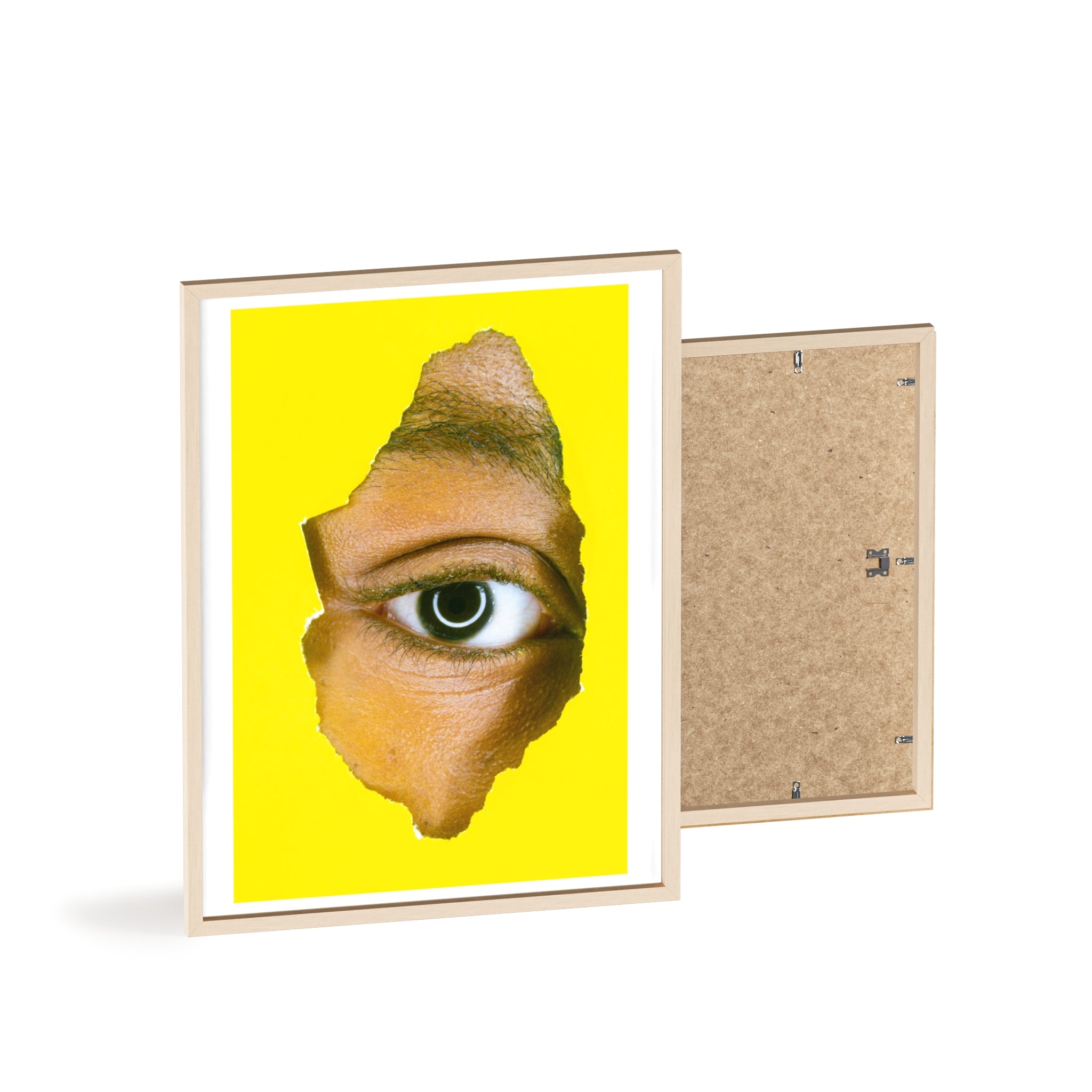 Surreal Eye Print Poster with Wooden Frame — Bold Yellow Wall Art