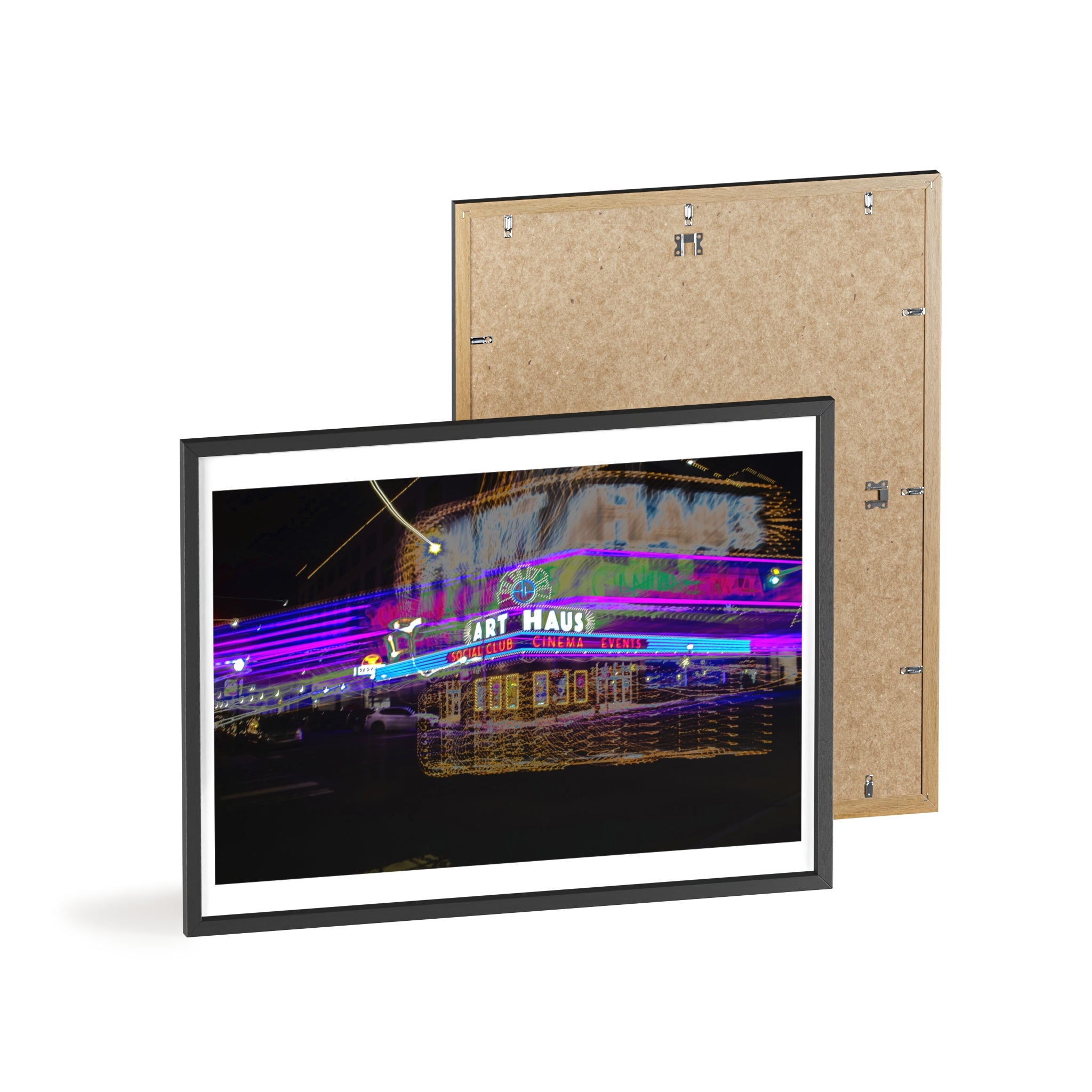 Neon Night Cinema Poster with Wooden Frame