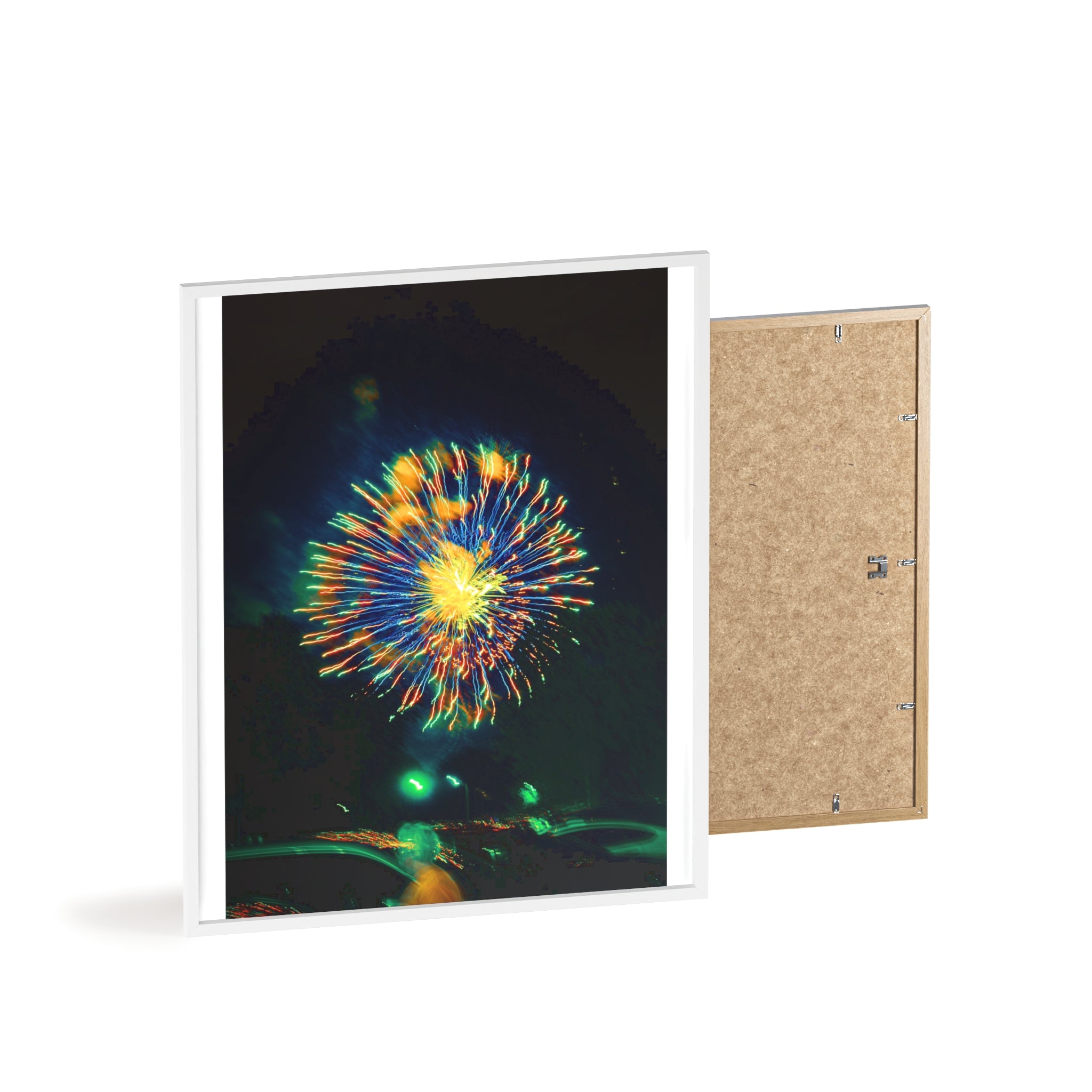 Framed Firework Art Print — Colorful Abstract Night Sky Poster with Wooden Frame