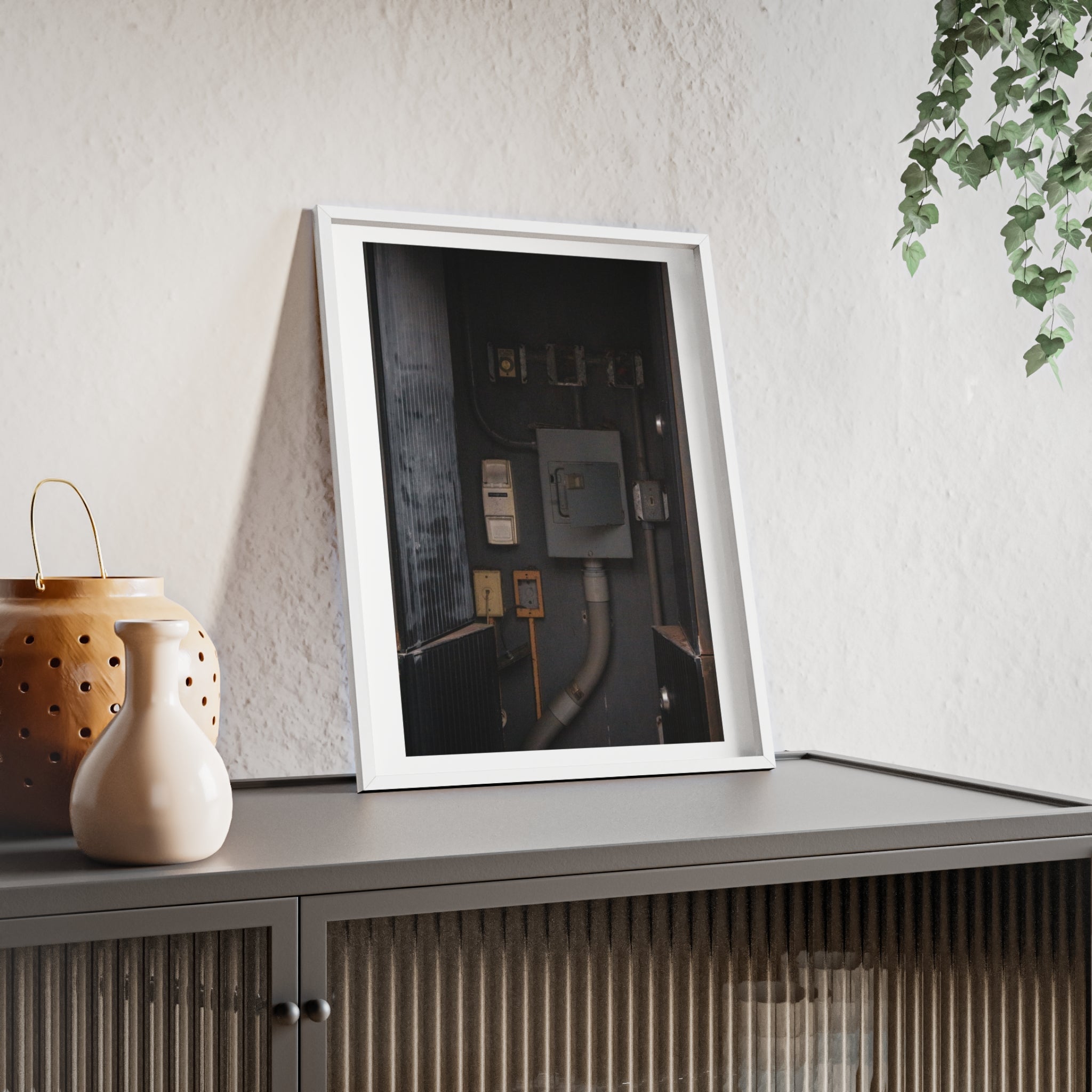 Industrial Electrical Box Poster with Wooden Frame — Urban Utility Wall Art