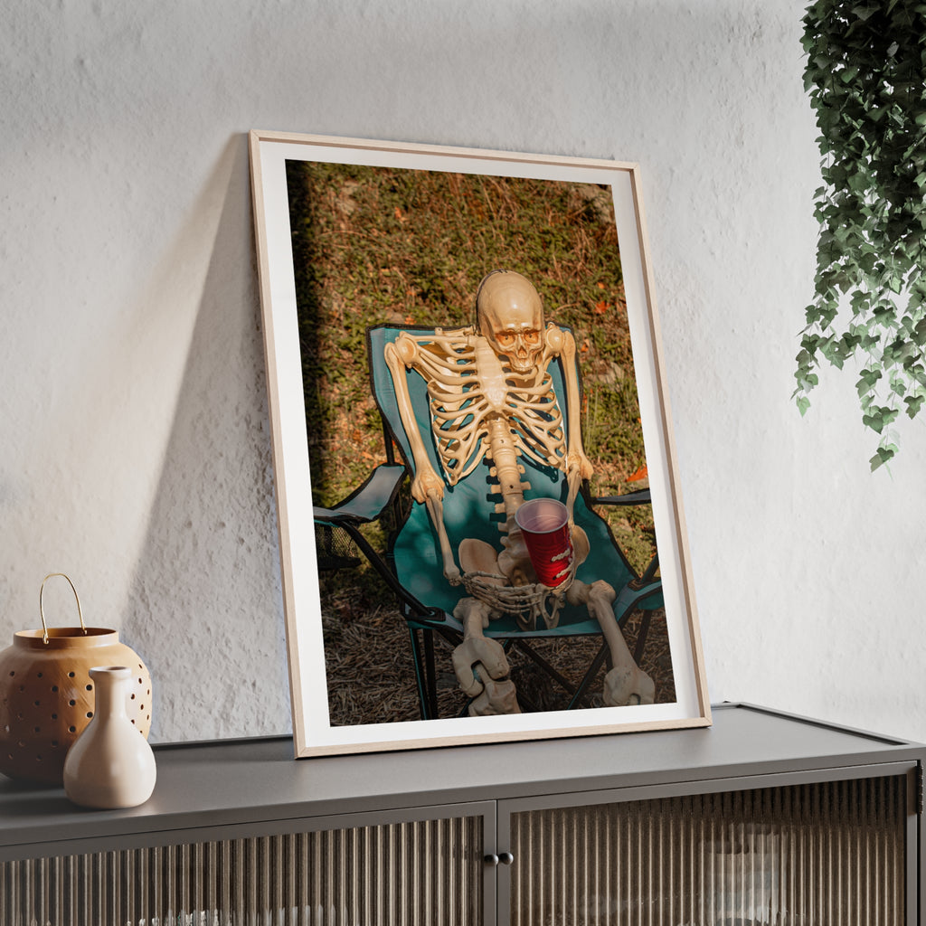 Skeleton Relaxing Poster with Wooden Frame — Funny Halloween Wall Art