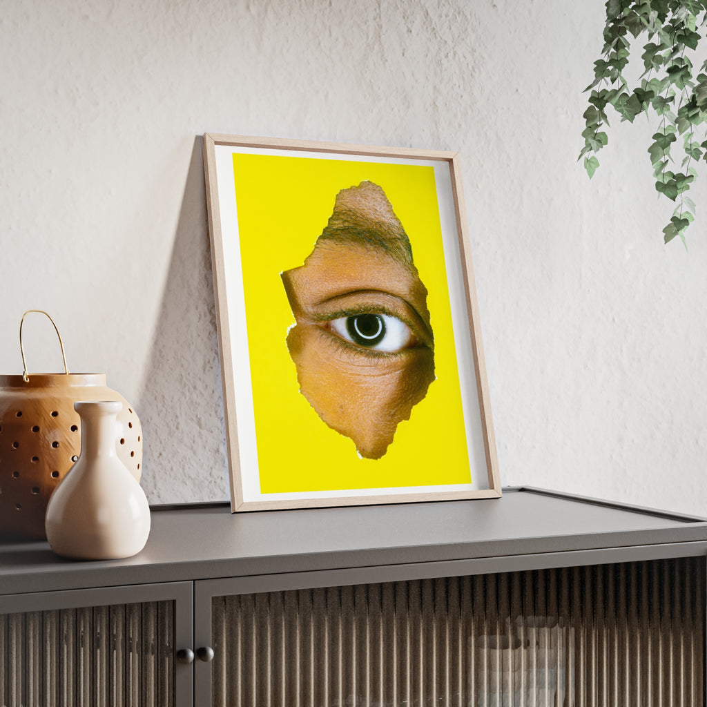 Surreal Eye Print Poster with Wooden Frame — Bold Yellow Wall Art