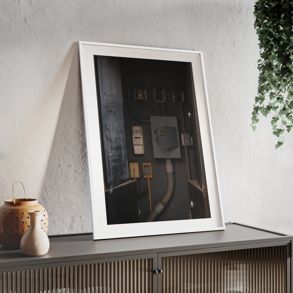 Industrial Electrical Box Poster with Wooden Frame — Urban Utility Wall Art